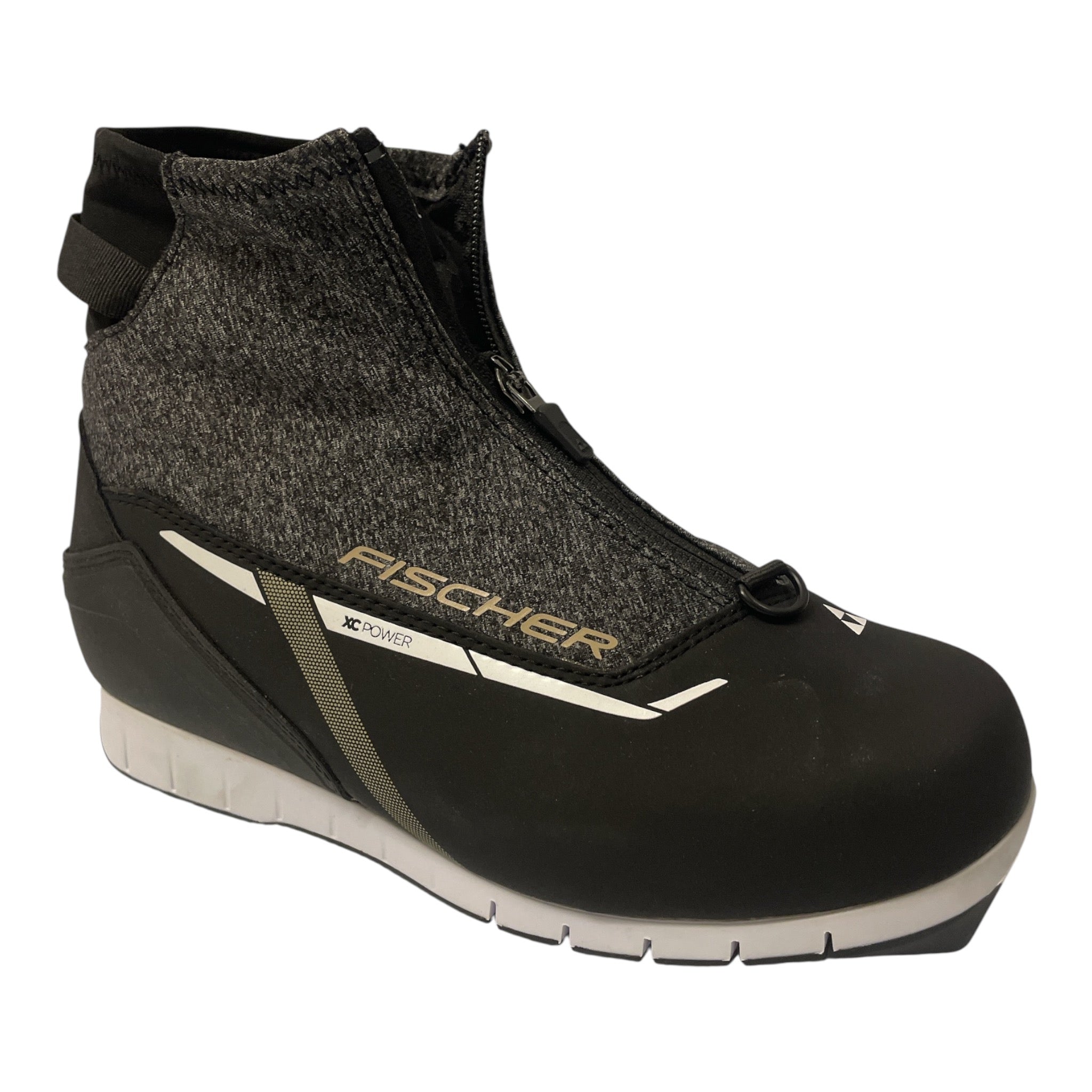 The FISCHER Womens Cross-Country Ski Boots - XC Power WS feature a black and gray design, zippered lace cover, white sole, and side branding—perfect for Nordic skiing.