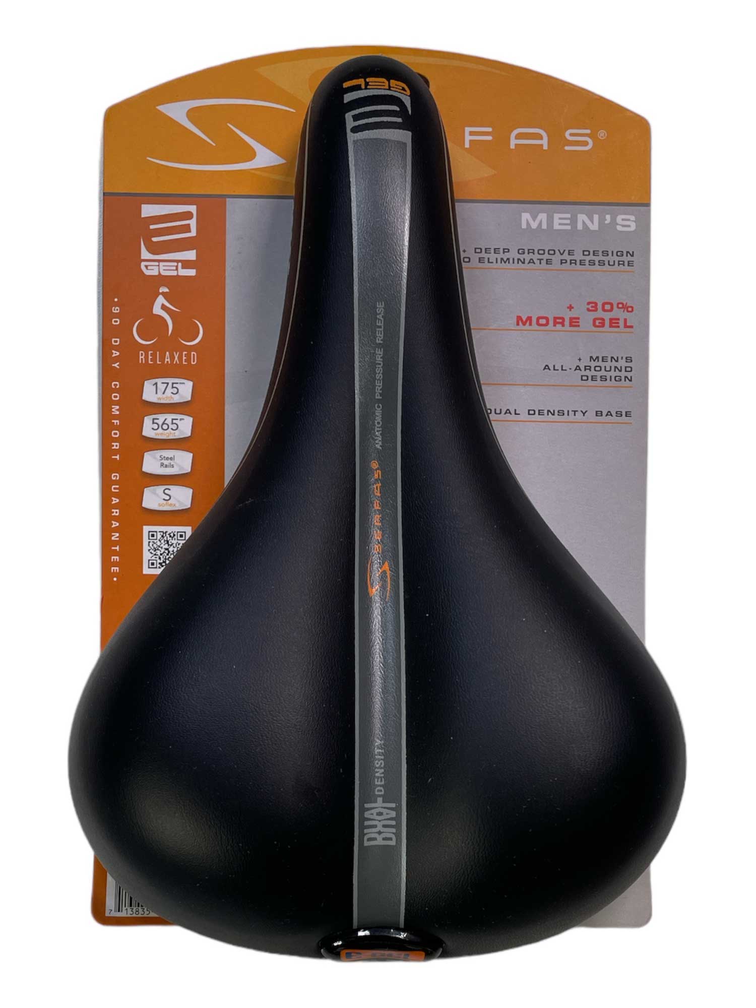 Serfas men's E-Gel bicycle saddle, black with narrow center stripe and gel pad