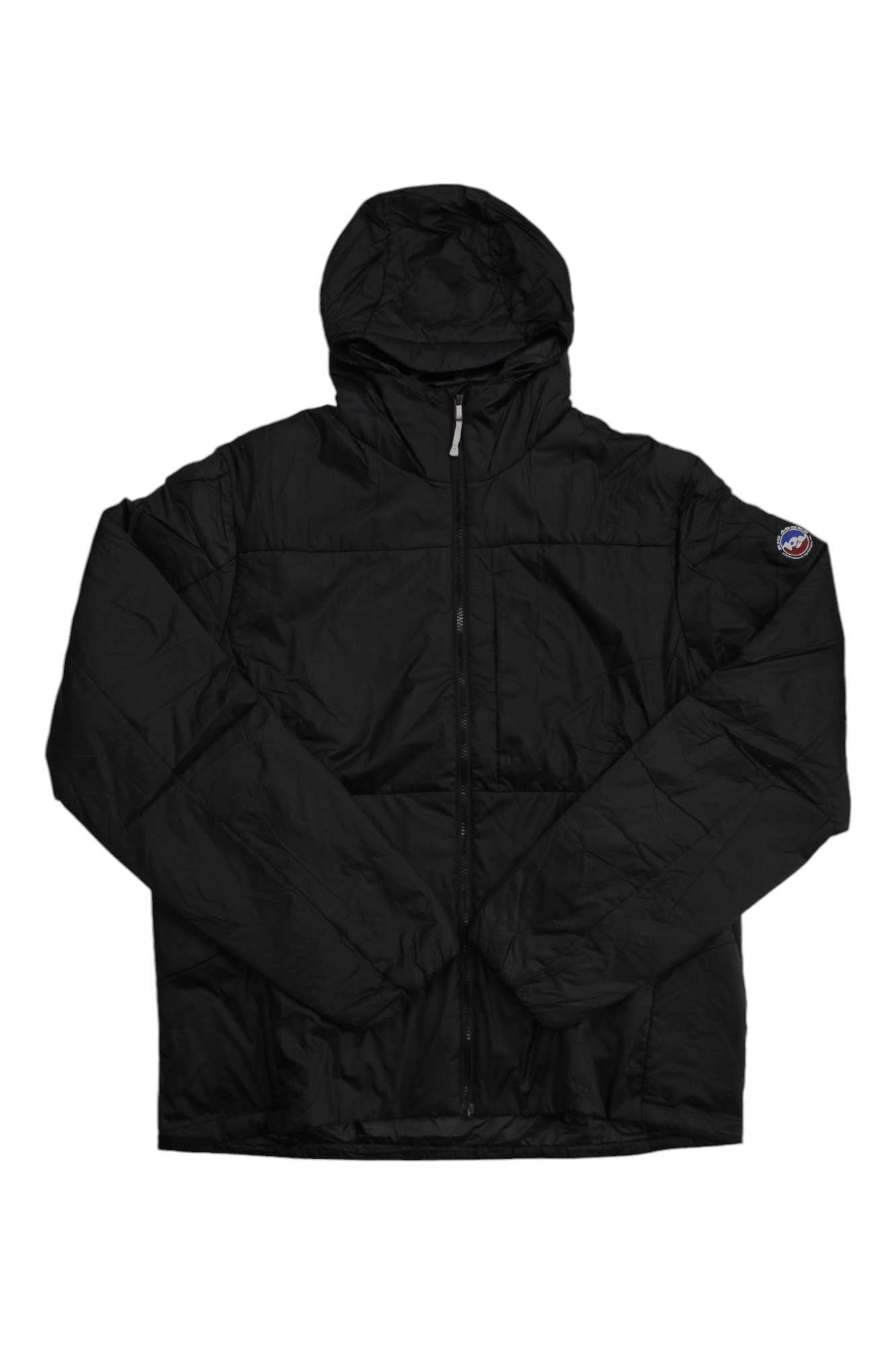 The Big Agnes Men's Barrows Jacket, made from recycled polyester, features a black insulated design with long sleeves, a front zipper, and a small round patch on the upper left arm, shown flat on a white background.