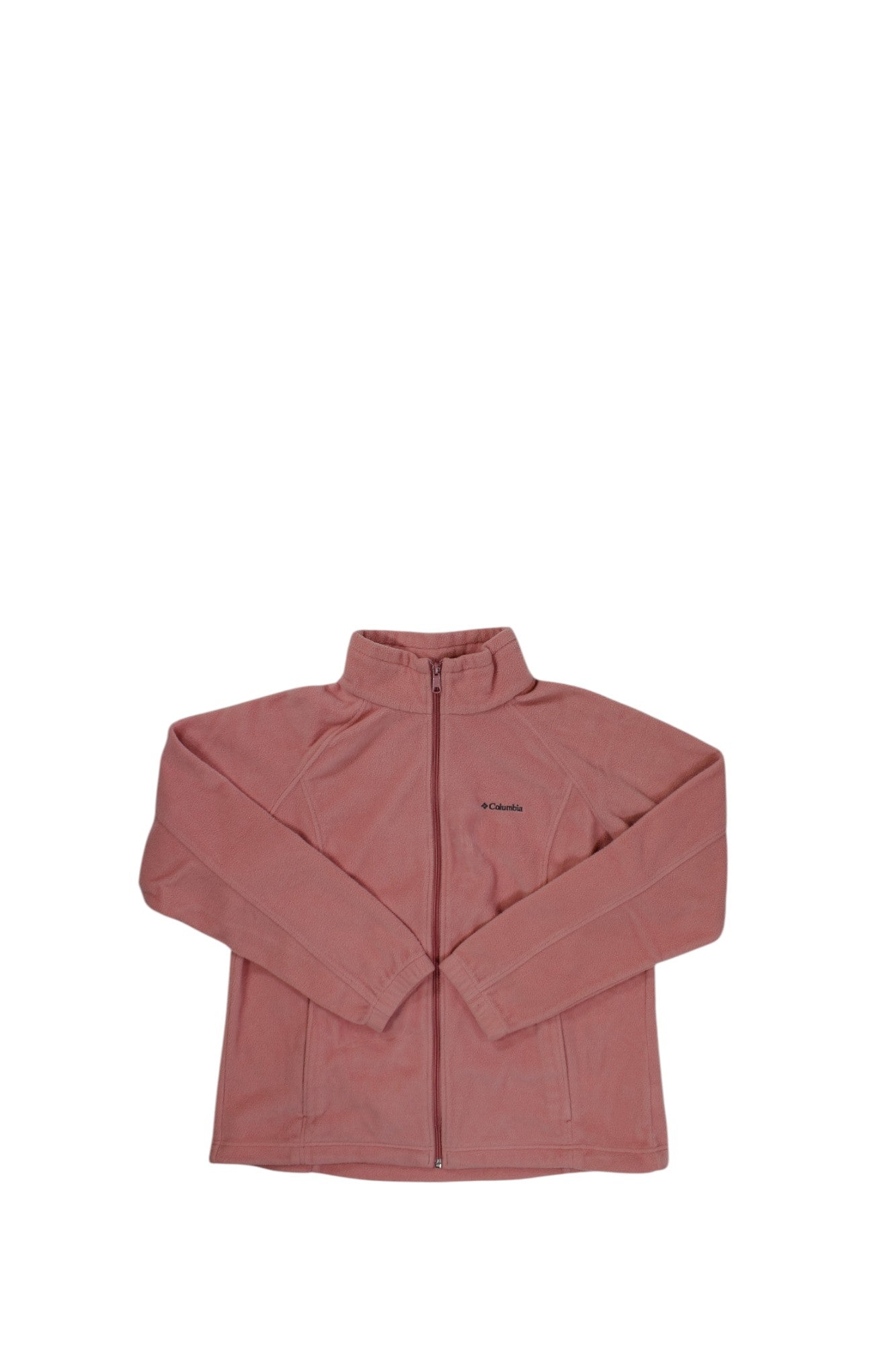 The Columbia Womens Benton Springs Full Zip Fleece Jacket - Plus Size in pink features a full front zipper, long sleeves, high collar, and two front pockets, shown laid flat on a white background.