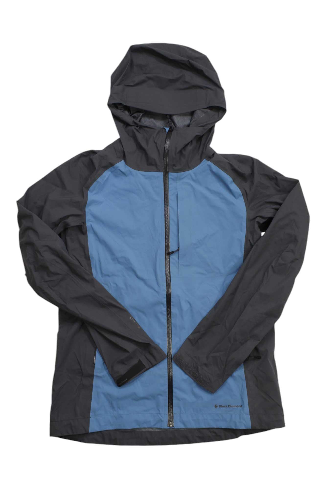 The Black Diamond Women's Highline Stretch Shell Jacket features a hood, black sleeves and hood, blue front and back panels, waterproof breathable design, front zipper, lightweight build, and a PFC-free DWR finish.