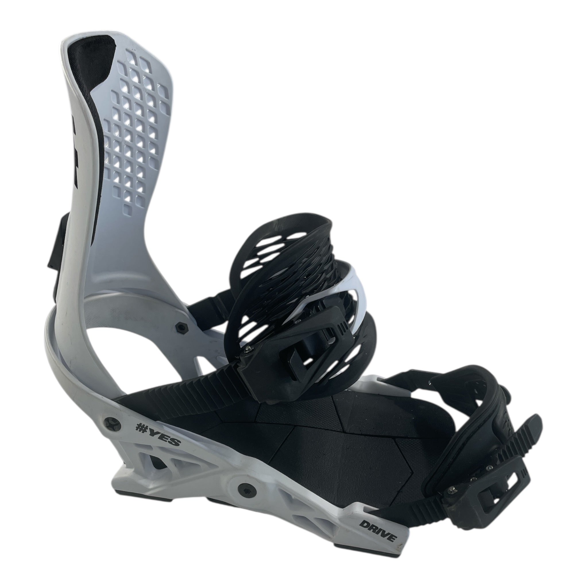 The YES Drive Snowboard Bindings are black and white all-mountain bindings with adjustable straps, a high back, and the word DRIVE plus the YES brand on the base for durable performance.