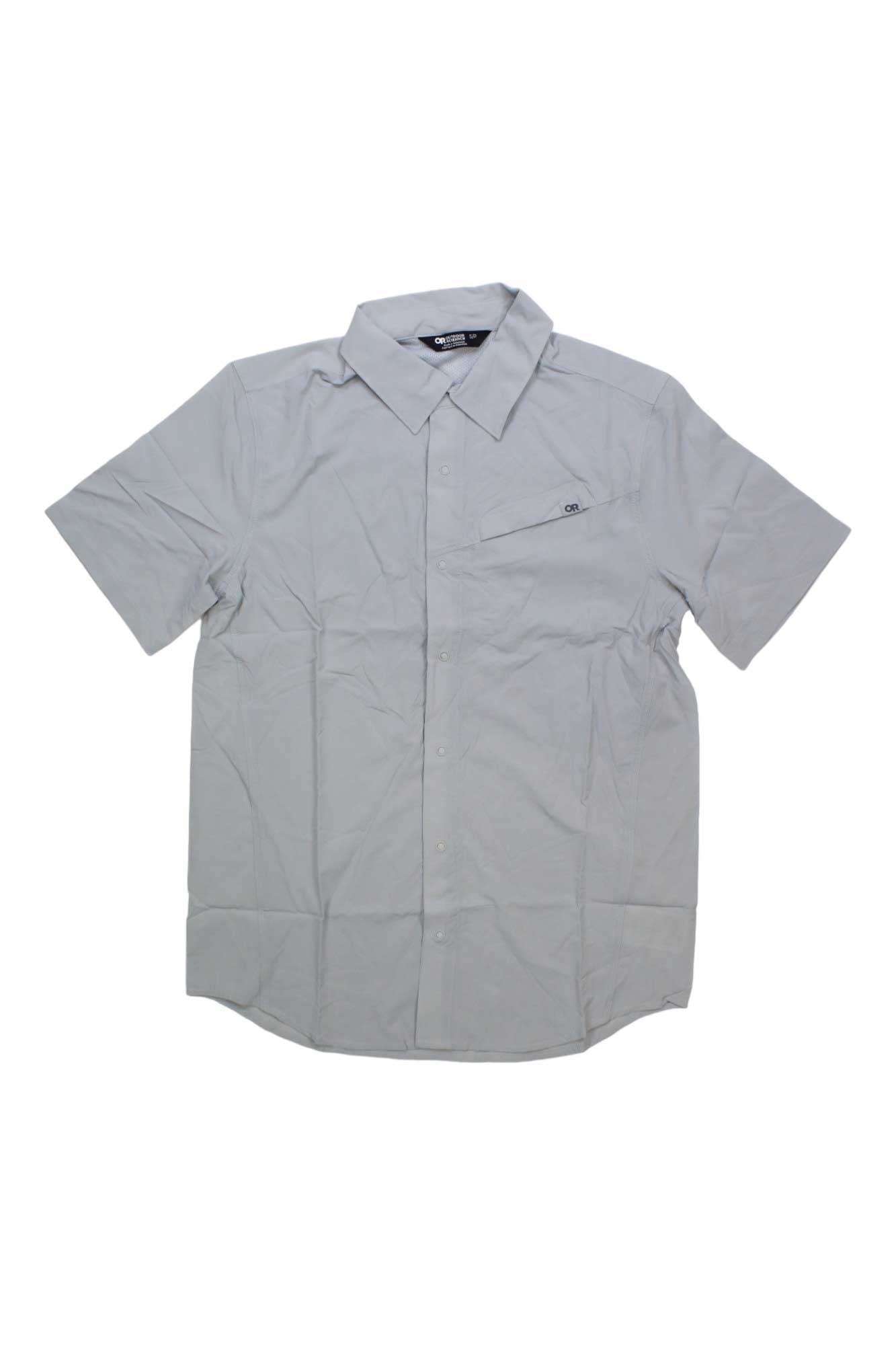 The Outdoor Research Mens Astroman SS Sun Shirt is a short-sleeve gray outdoor shirt with a chest pocket, OR logo, and UPF 50+ sun protection.