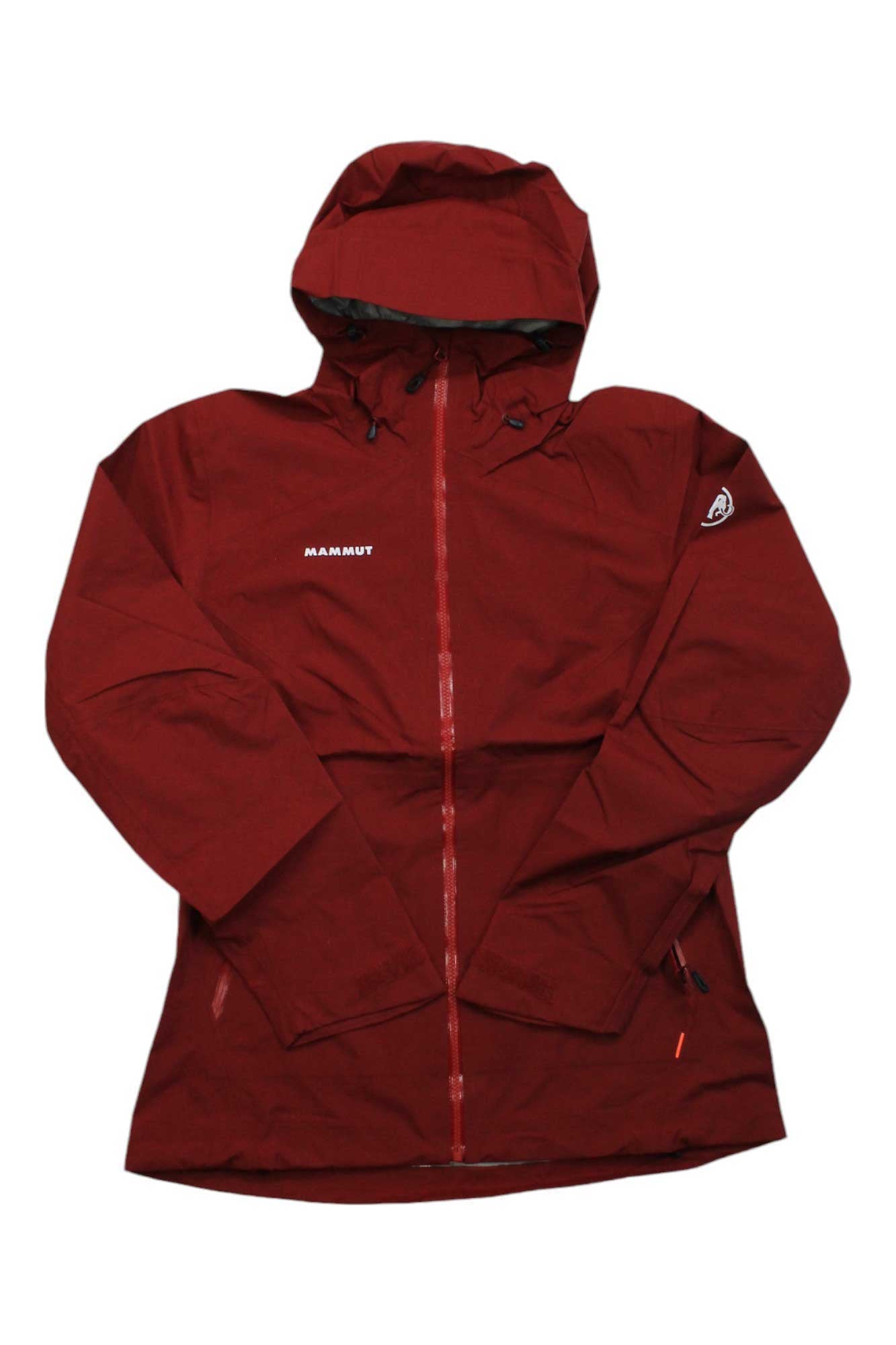 The Mammut Womens Convey Tour HS Hooded Jacket is a maroon, lightweight GORE-TEX jacket with long sleeves, a front zipper, hood, and small Mammut logos on the chest and sleeve, offering waterproof protection for women.