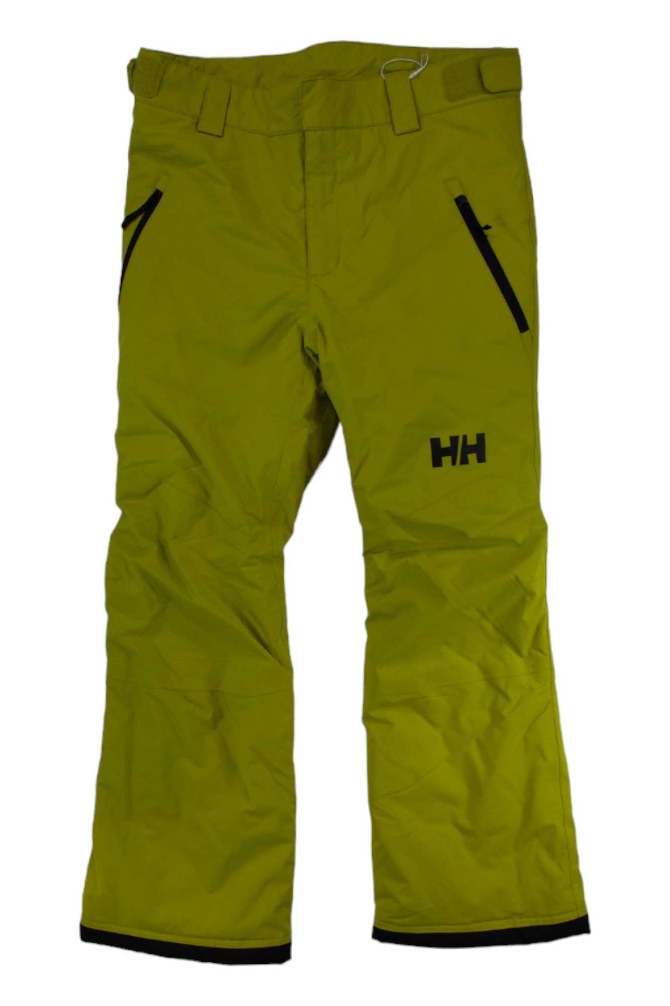 A pair of Helly Hansen Juniors Legendary Pant ski pants in bright yellow-green, featuring waterproof fabric, black zippered pockets, belt loops, and reinforced black cuffs.