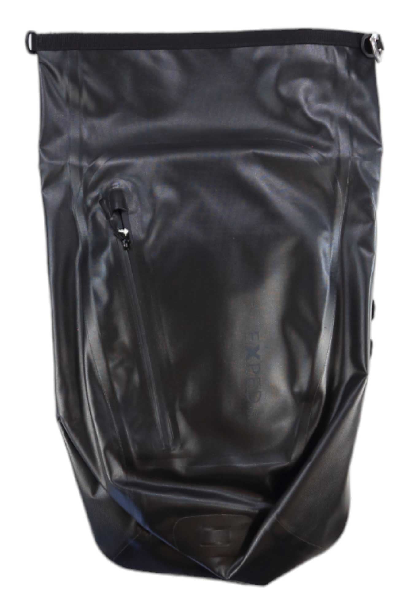 The Exped Torrent 20 Daypack is a black, waterproof daypack with a top buckle closure and front zipper pocket, designed to protect your gear from water—ideal for hiking adventures.