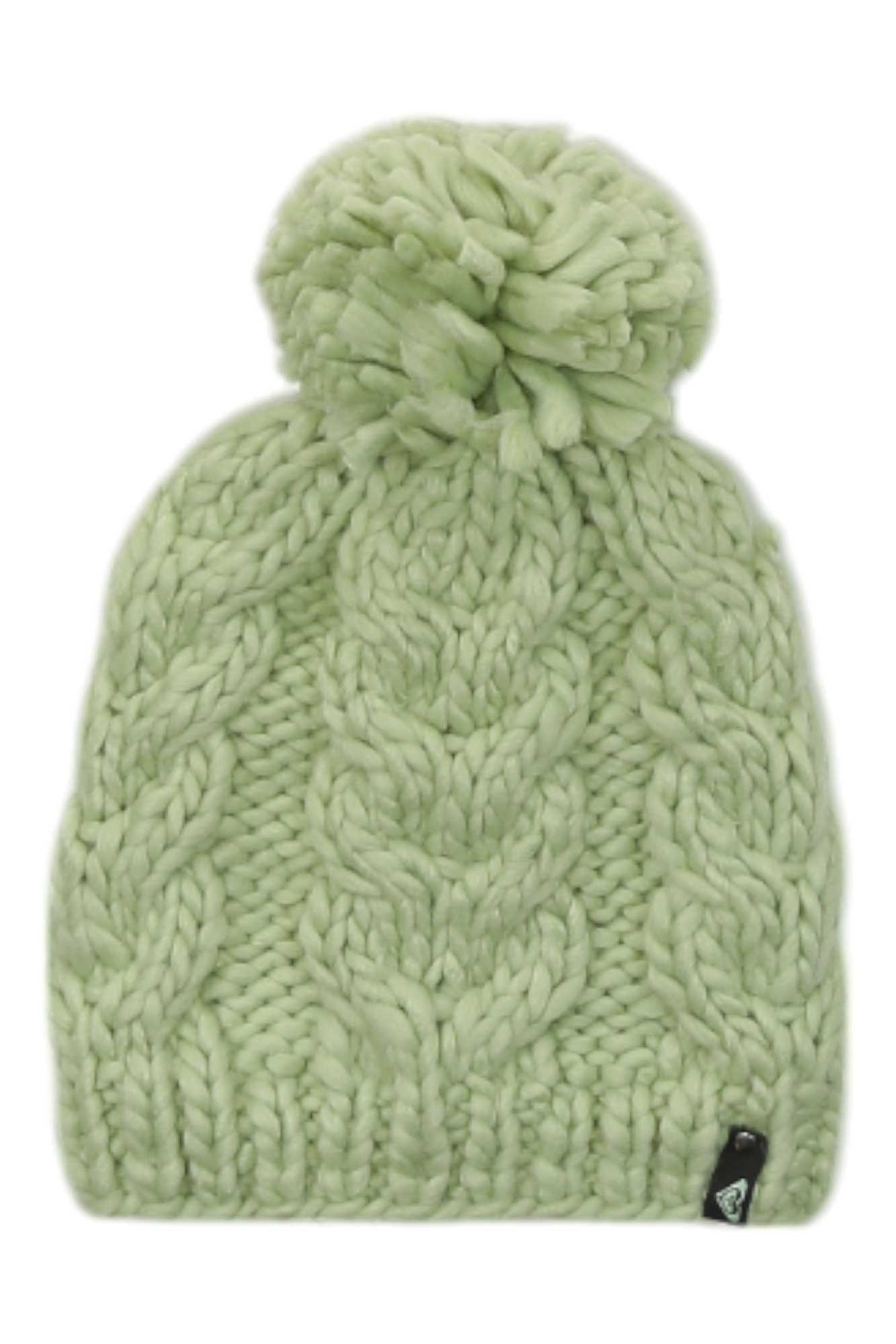 Mint green cable-knit winter beanie with pom-pom top and logo patch at hem
