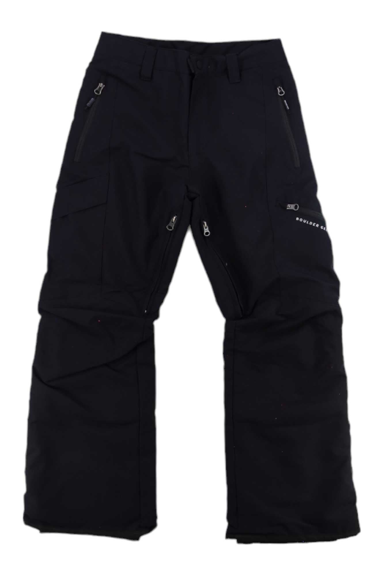 The Bolt Cargo Insulated Snow Pants for boys in black feature zippered pockets, reinforced knees, and an adjustable waistband—ideal for outdoor winter activities.