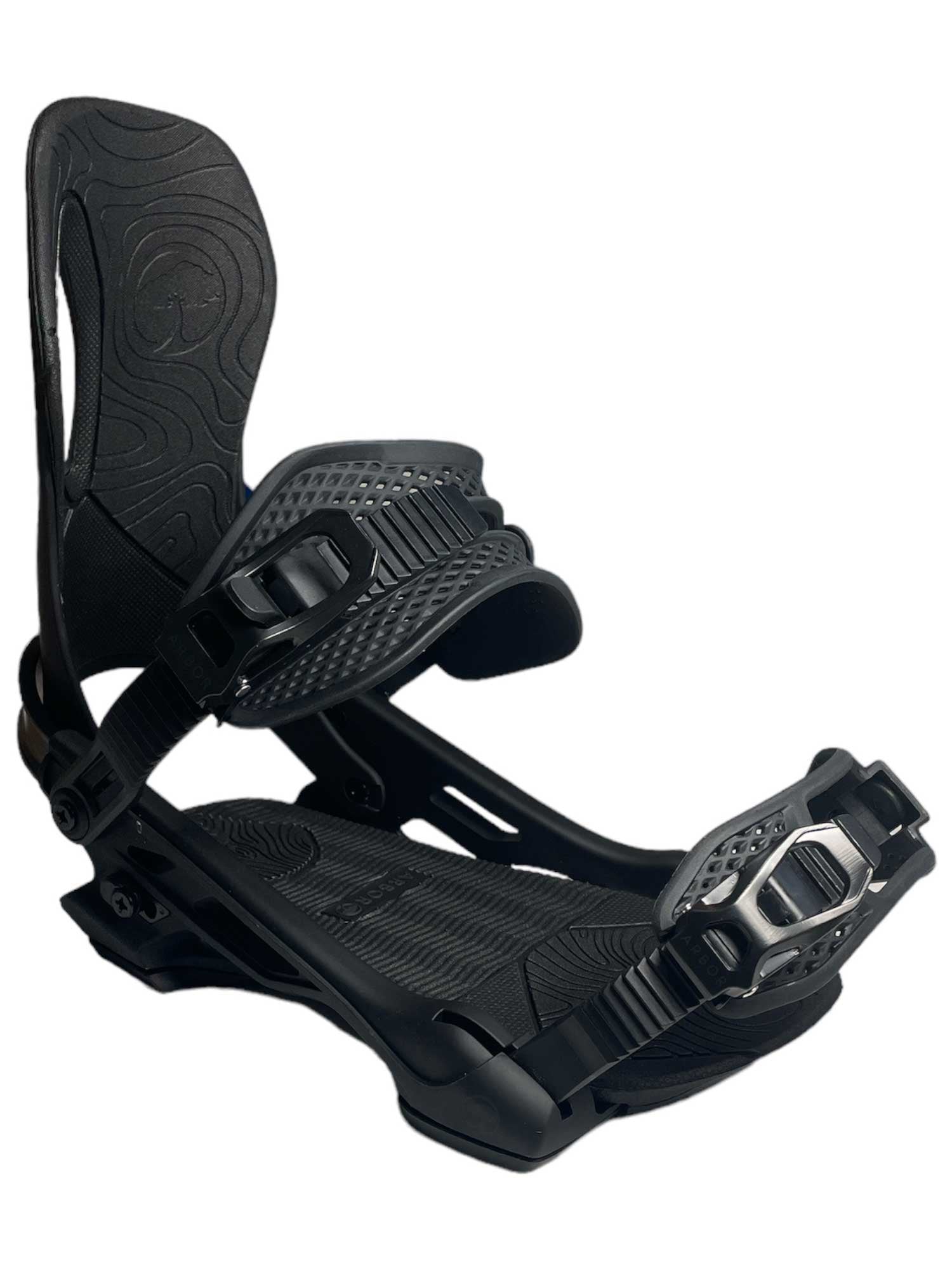 The Arbor Cypress Snowboard Binding in black features adjustable straps, high back support, and a textured footbed for secure boot attachment—ideal for advanced riders seeking performance and comfort.