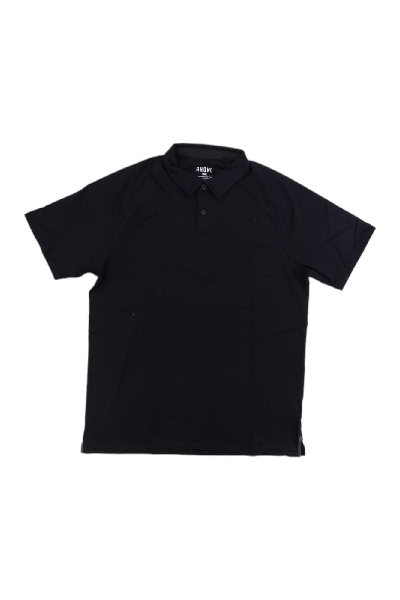 The Rhone Men's Delta Pique Polo, a black collared polo with a two-button placket, offers athleisure style and moisture-wicking comfort, shown flat against a white background.