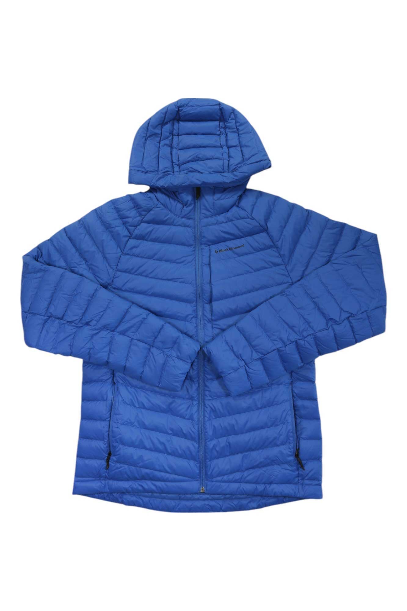 The Black Diamond Men's Access Down Hoody is a bright blue skiing jacket featuring goose down insulation, horizontal quilting, a full front zipper, zippered side pockets, chest logo, and an insulated hood, shown on a white background.