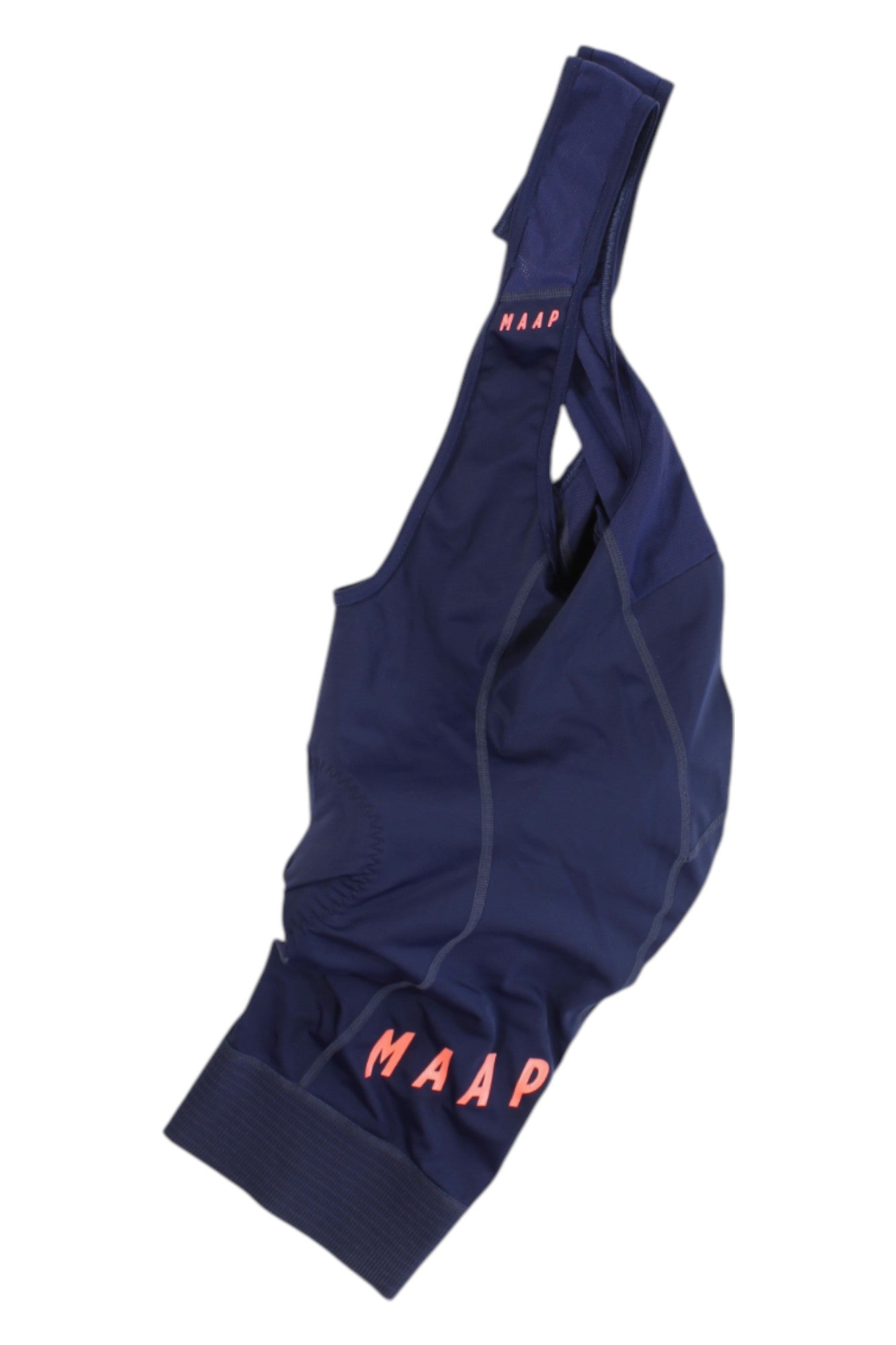 Maap Pro Bib cycling bib shorts in navy blue with chamois padding and pink MAAP logo on the chest and left thigh, shown against a white background.