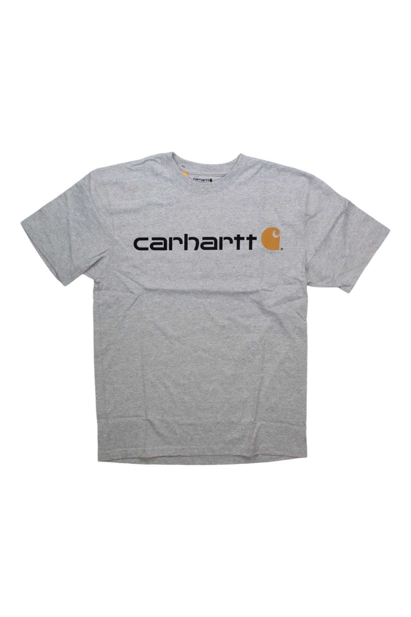 The Carhartt Mens Loose Fit Heavyweight Short Sleeve Logo Graphic T-Shirt is shown in plain grey, featuring the black Carhartt logo with a yellow icon on the chest, and is laid flat on a white background.