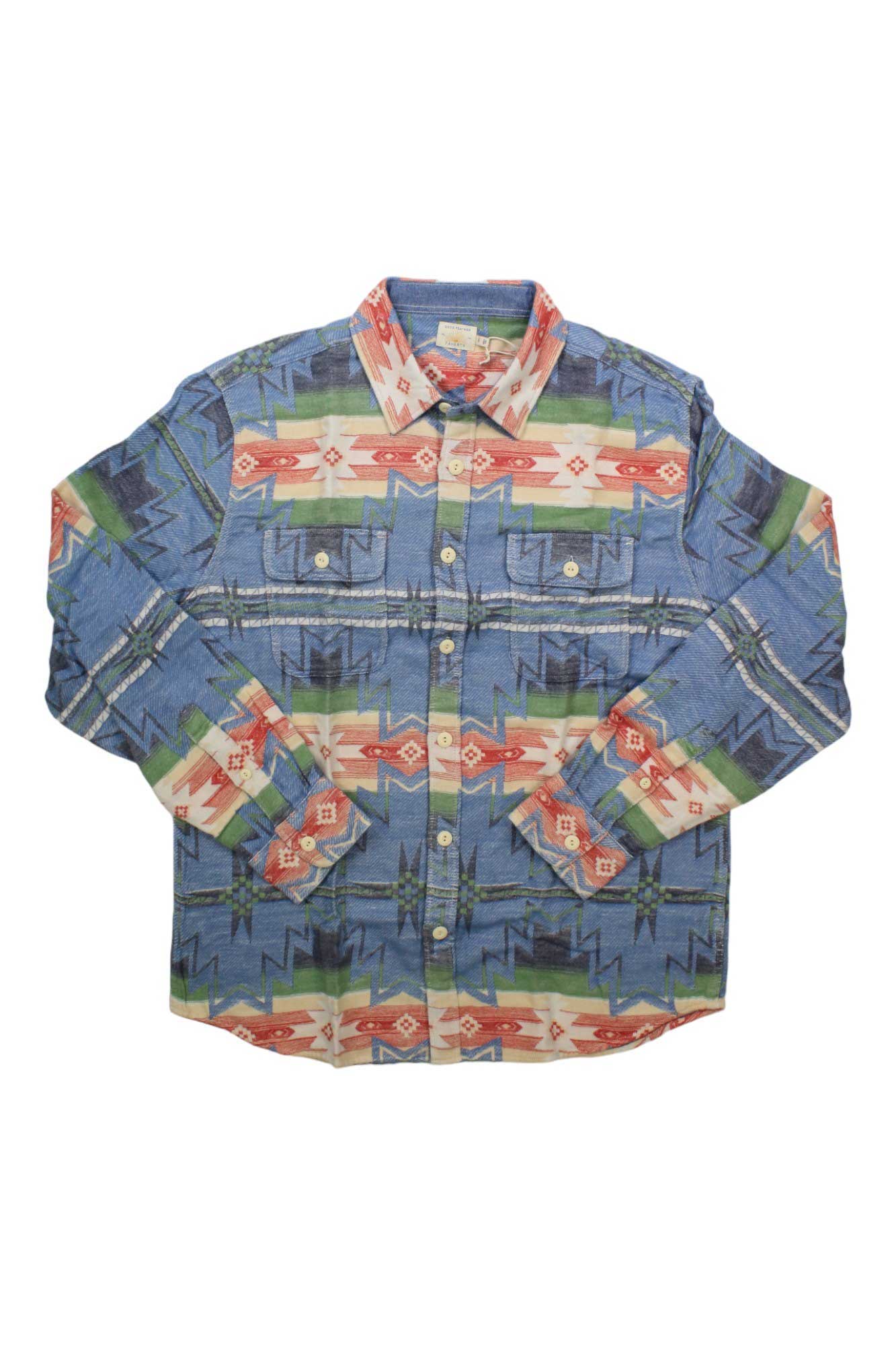 The Faherty Mens DGF Canyon Overshirt is a soft organic cotton long-sleeve with a blue, green, orange, and cream Southwestern geometric pattern, two chest pockets, white buttons, and a classic button-up design.