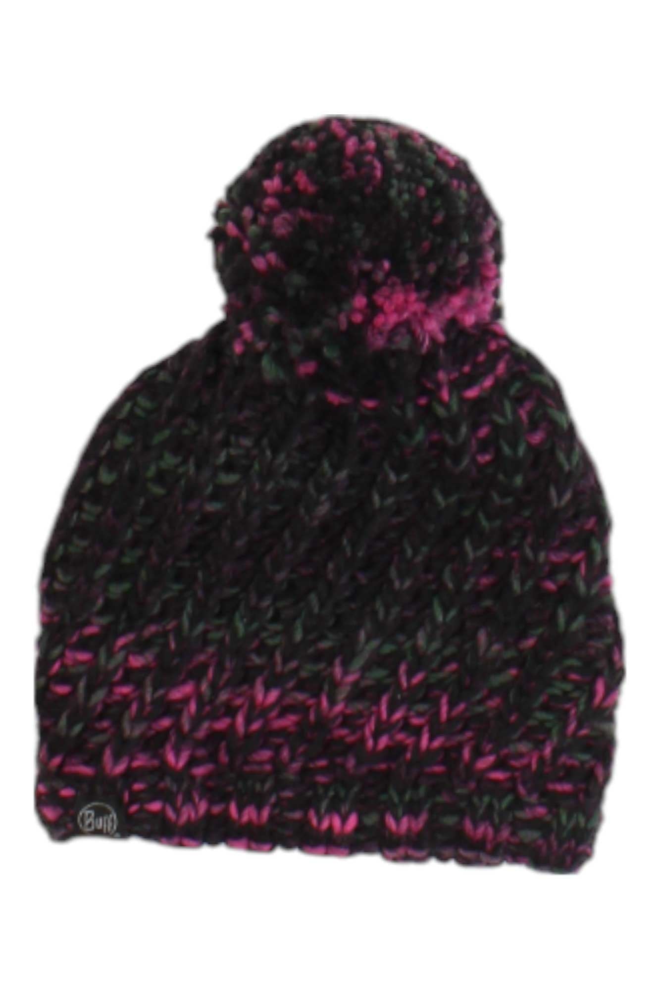 The Buff Valya Knit Hat is a cozy knitted beanie with a pom-pom, featuring black and pink yarns plus hints of green—ideal for stylish outdoor wear.