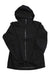 The Black Diamond Womens Highline Stretch Shell Jacket is a black, minimalist, hooded jacket with a front zipper and long sleeves. It features PFC-free DWR water resistance and is shown flat on a white background.