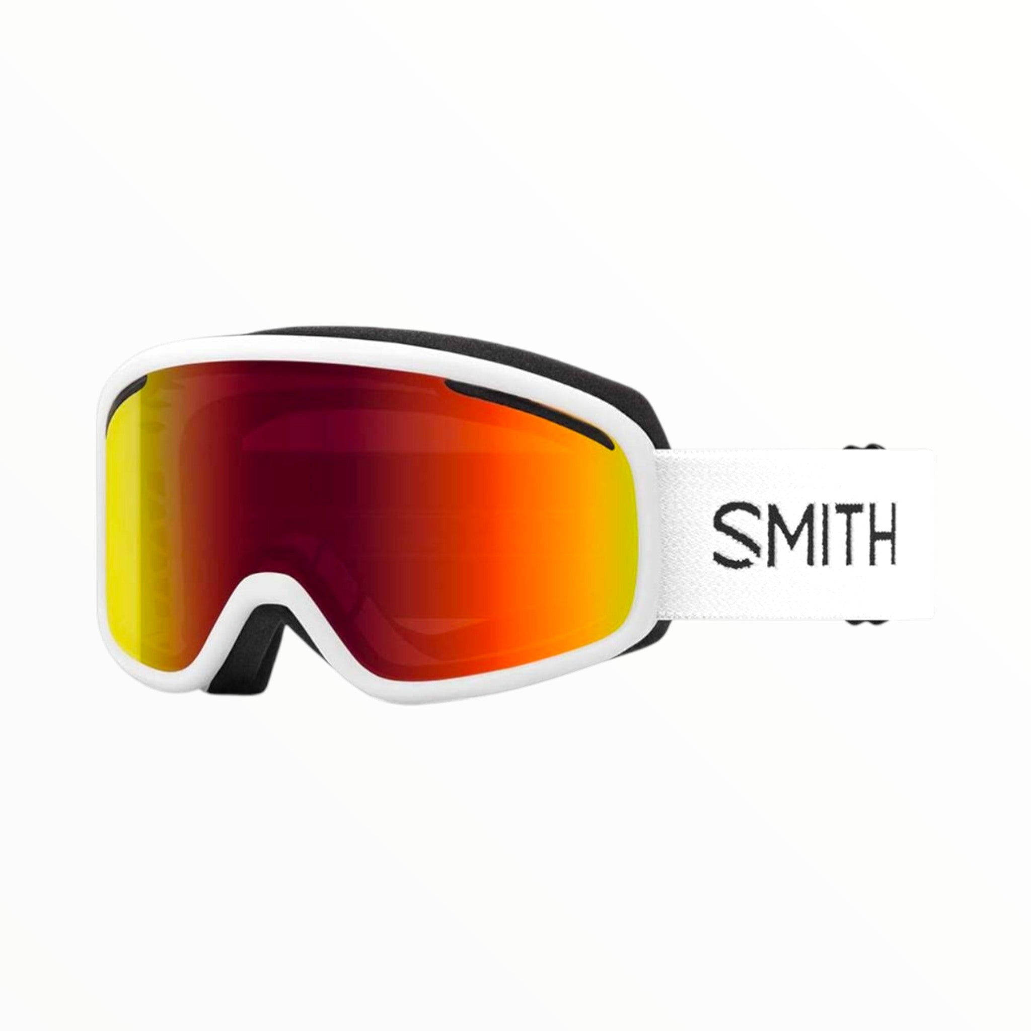 Ski goggles with white frame and orange-red lens, Smith logo on strap