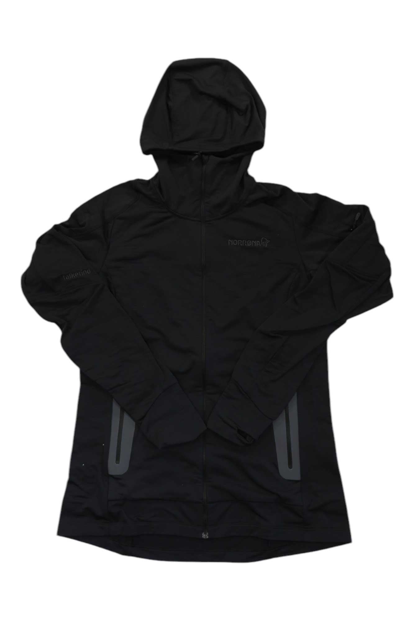 The Norrona Womens Falketind Power Grid Hood is a black fleece jacket featuring a hood and subtle reflective details on the sleeves and sides, crafted for outdoor adventures.