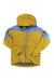 The Norrona Mens Falketind GTX Paclite Jacket is a yellow and light blue waterproof, packable GORE-TEX Paclite Plus jacket with a hood, front zipper, chest pocket, and two side pockets, shown laid flat on a white background.