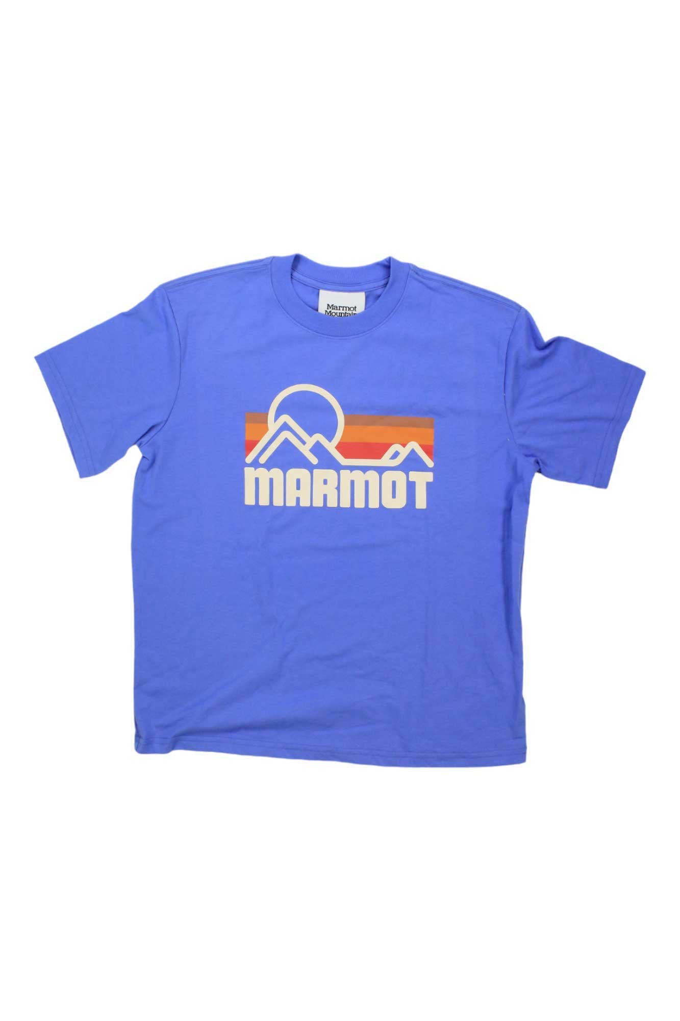 The Womens Coastal Short-Sleeve T-Shirt is a blue tee made from recycled polyester, featuring short sleeves, a mountain and orange sunset graphic, and "MARMOT" in bold white letters on the front.