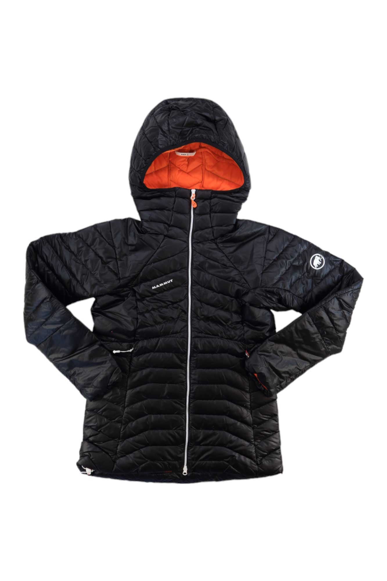 A Mammut Women’s Eigerjoch Advanced IN Hooded Jacket, black with orange lining and front zipper, is shown flat with outstretched arms. This down insulator for alpine use has a sleeve logo and white Mammut branding on the chest.