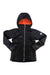 A Mammut Women’s Eigerjoch Advanced IN Hooded Jacket, black with orange lining and front zipper, is shown flat with outstretched arms. This down insulator for alpine use has a sleeve logo and white Mammut branding on the chest.