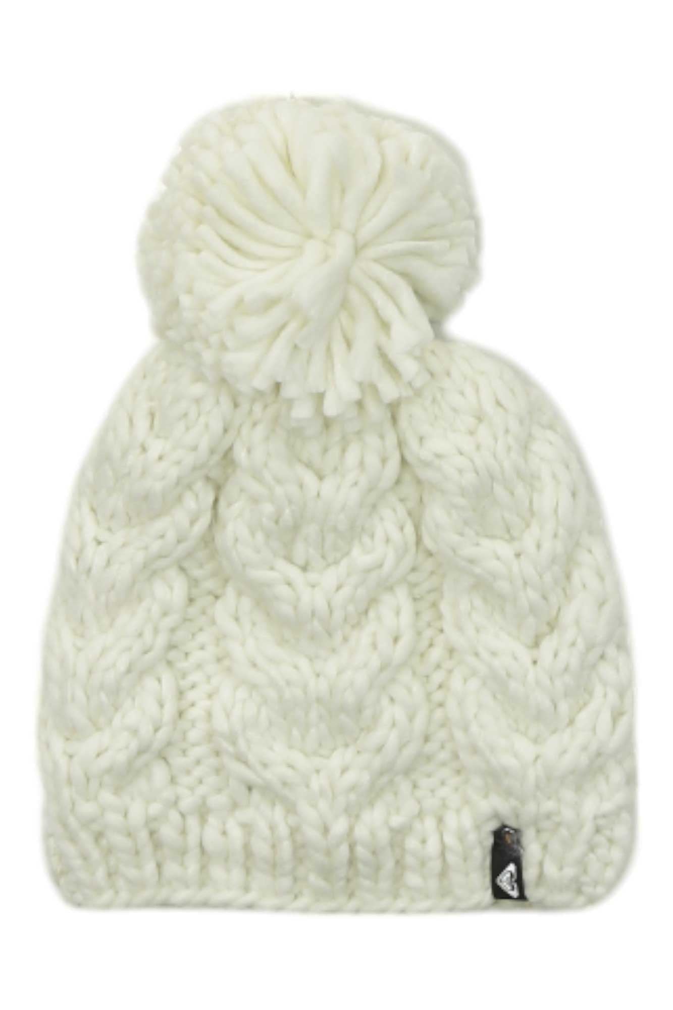 Cream-white knitted winter beanie with pom-pom top and logo patch at cuff