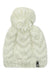Cream-white knitted winter beanie with pom-pom top and logo patch at cuff