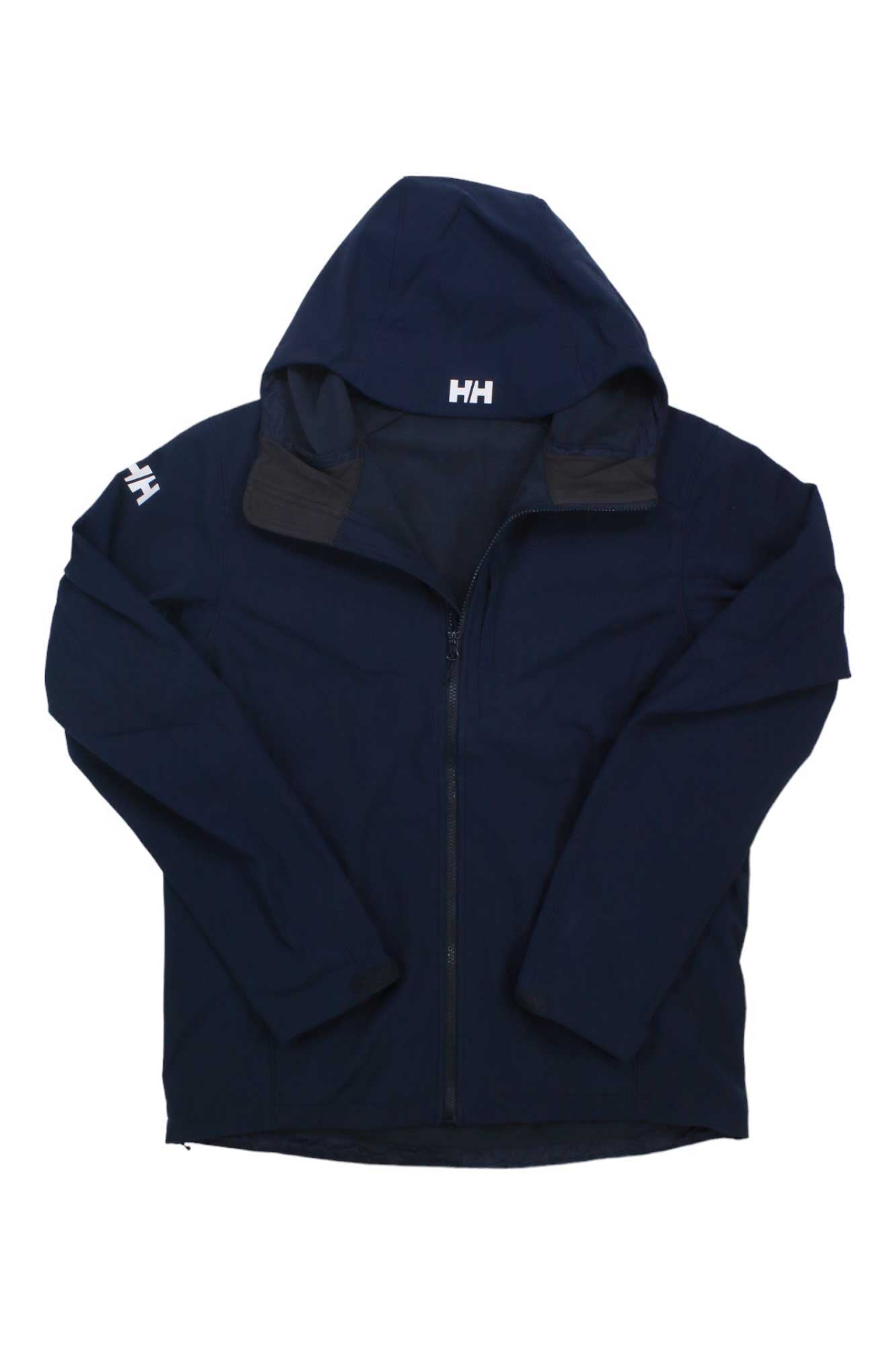 A navy blue Helly Hansen Men's Paramount Hooded Softshell Jacket with a front zipper and white HH logos on the left chest and upper sleeve. Water resistant, it's shown laid flat with sleeves gently bent.