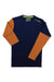 The Ortovox Mens 185 RockNWool LS Top is a men's long sleeve shirt with a navy body, orange sleeves, crew neckline, and small logo at the left shoulder—perfect as a merino wool base layer for winter tours.