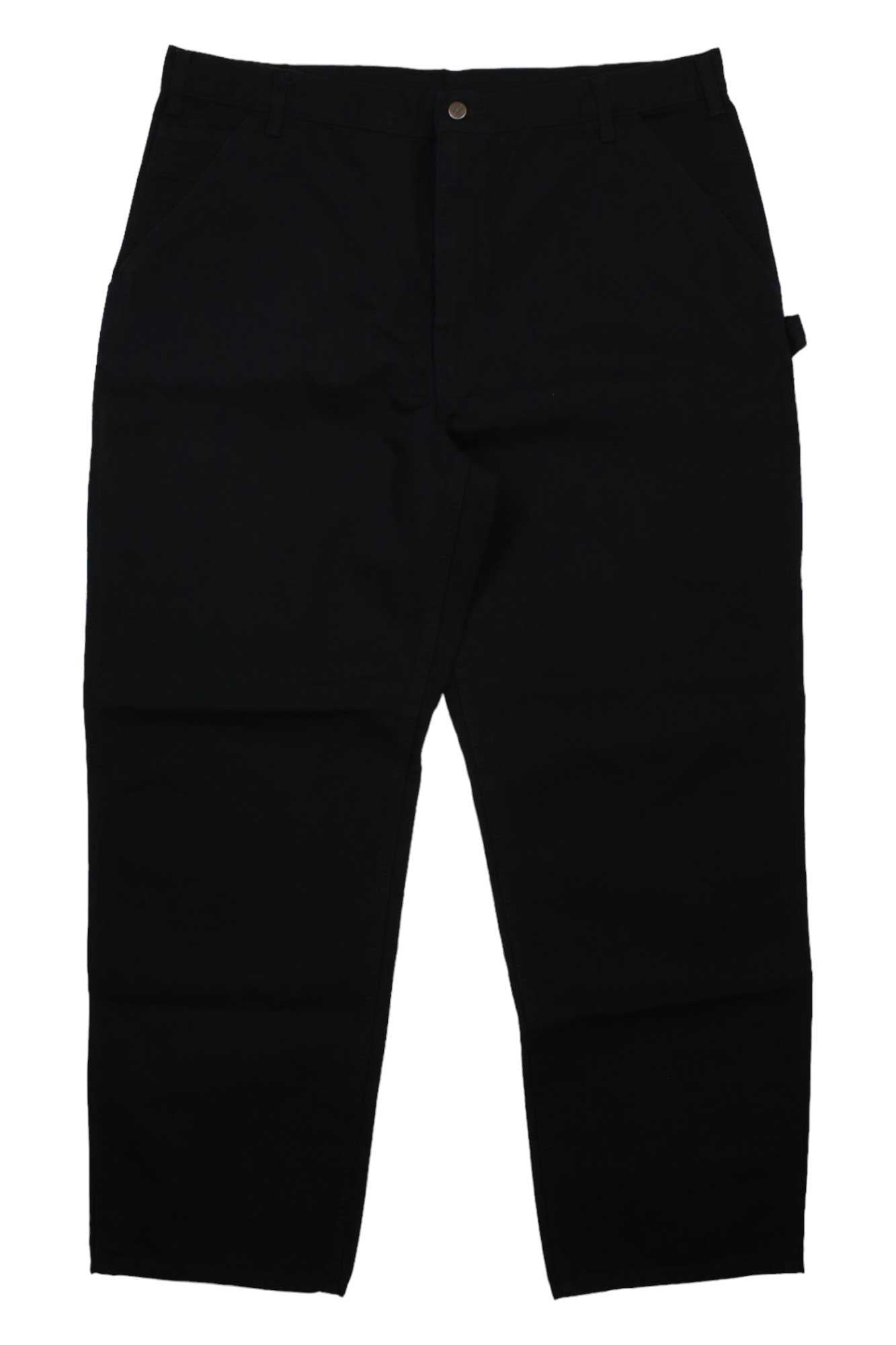 A pair of black Carhartt Mens Washed-Duck Work Dungaree Pants with straight legs, side pockets, button and zipper closure, relaxed fit, and durable cotton duck fabric is laid flat on a white background.