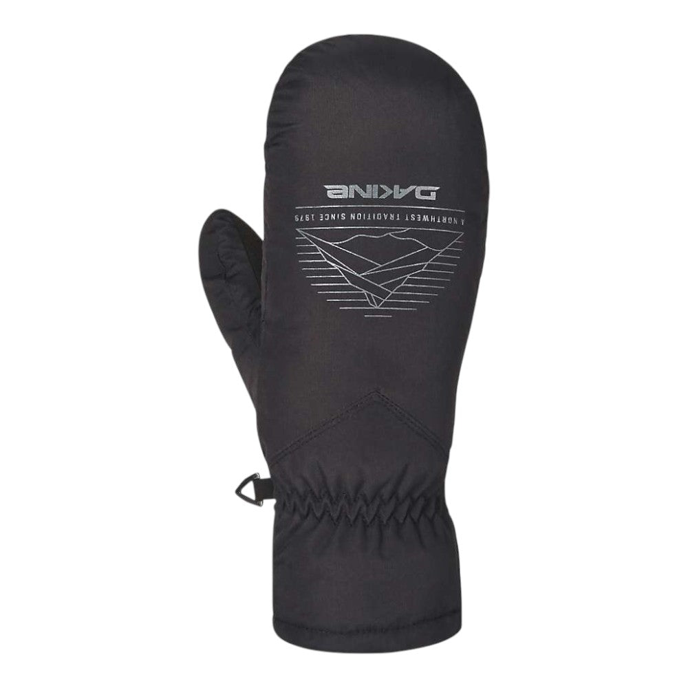 A single black Dakine Mens Tracer Mitt featuring a white geometric mountain design on the back, elastic wrist, and insulated construction—ideal for cold-weather activities.