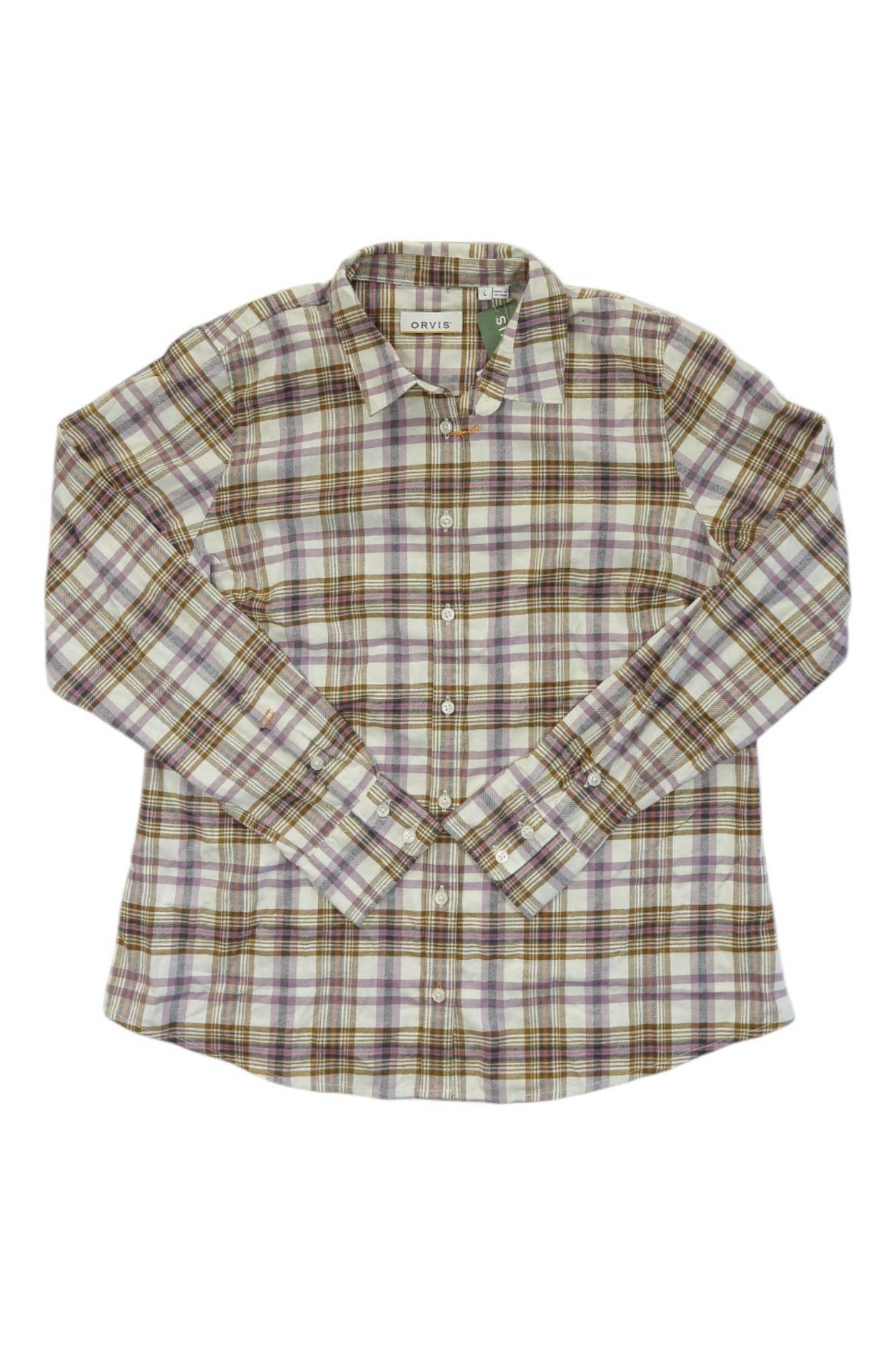 Women’s plaid tech flannel button-up shirt, long sleeves, collared neckline, light base