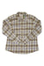 Women’s plaid tech flannel button-up shirt, long sleeves, collared neckline, light base