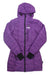 The Gobi Heat Womens Victoria 5 Zone Heated Puffer Jacket is a long, purple, hooded jacket with black zippers, quilted design, two zippered pockets, chest logo, and advanced 5 zone heating for maximum warmth.