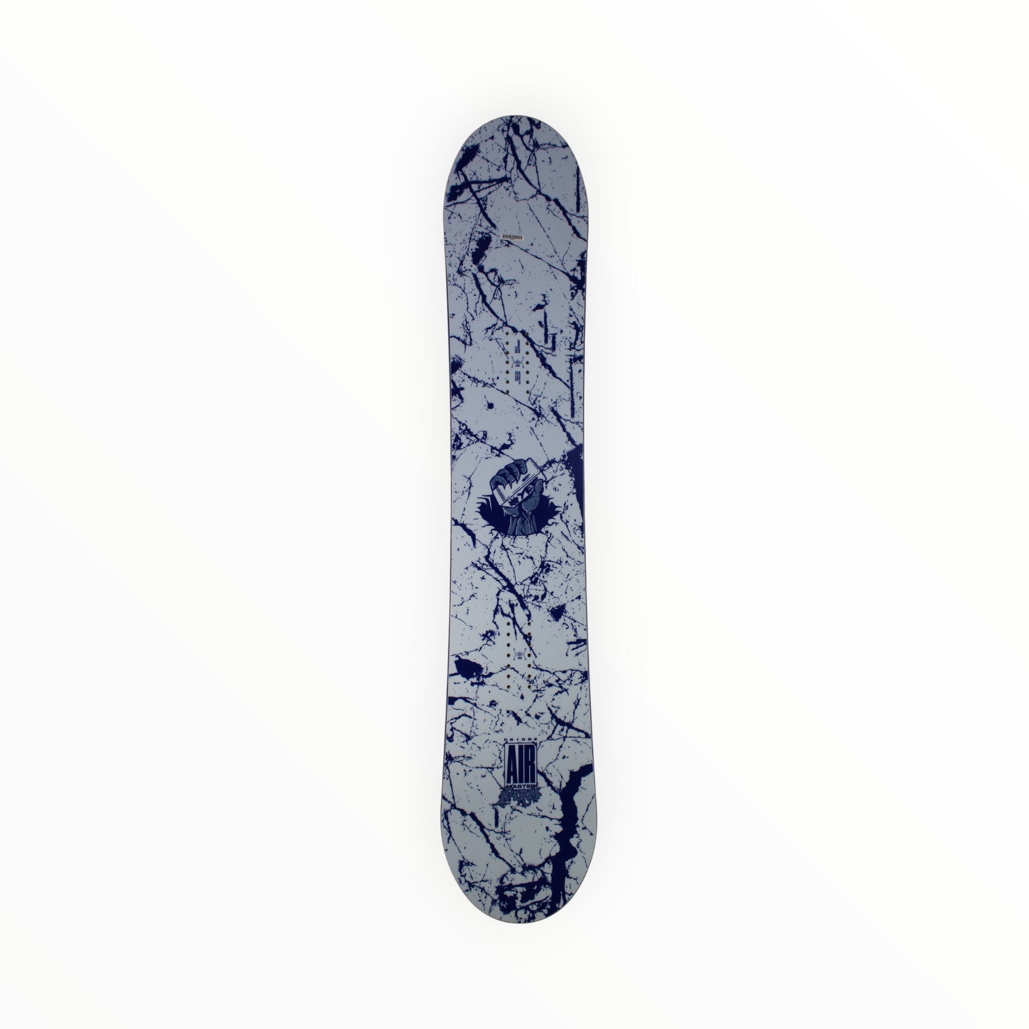 The YES Airmaster Fridge Snowboard, shown vertically on a plain white background, features a lightweight design with a blue and white splatter pattern and the word "AIR" near the bottom.