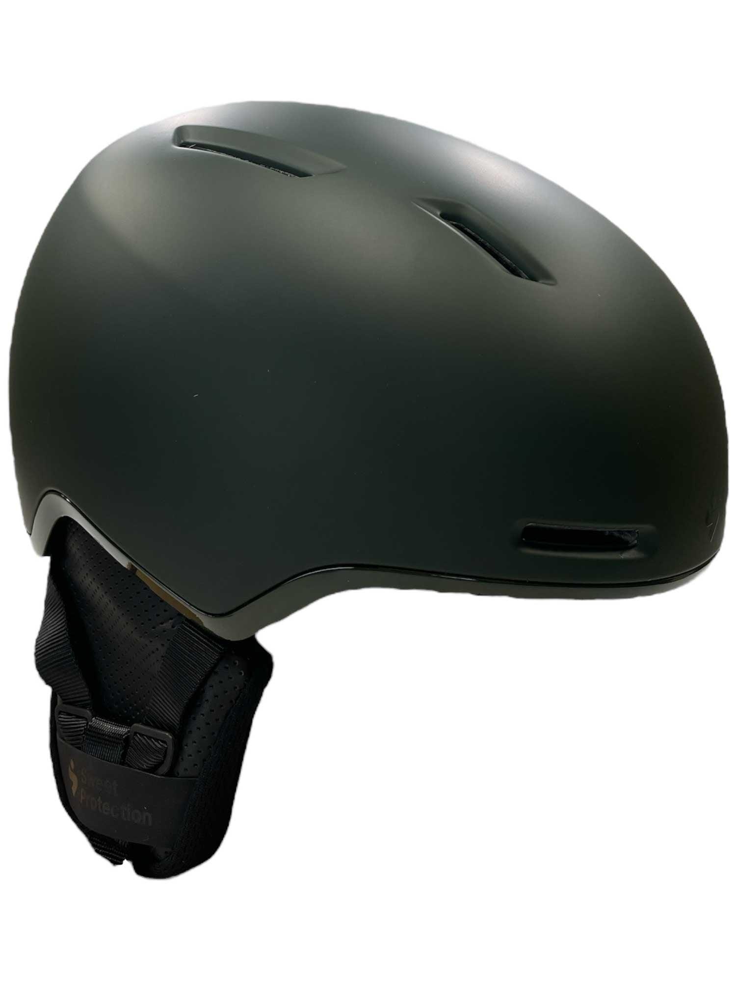 MIPS ski helmet, matte dark green with black chin strap and side vents