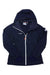 A Mammut Womens Taiss IN Hybrid Hooded Jacket in navy blue, featuring a white front zipper, orange pull, and MAMMUT logos on chest and sleeve. Laid flat with open hood, its mesh lining is ideal for alpine conditions.