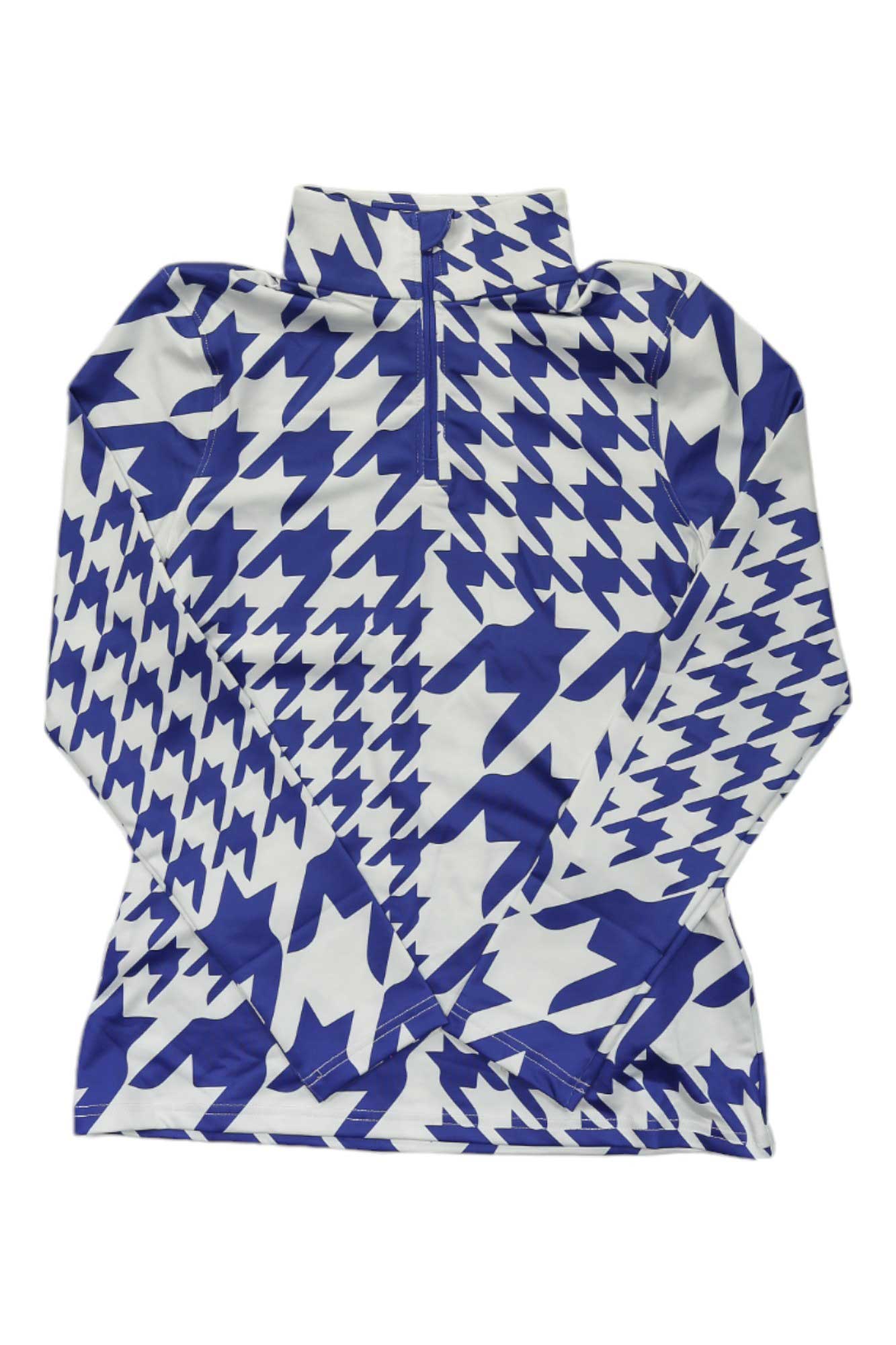 Women's 1/2-zip top with electric blue and white houndstooth pattern
