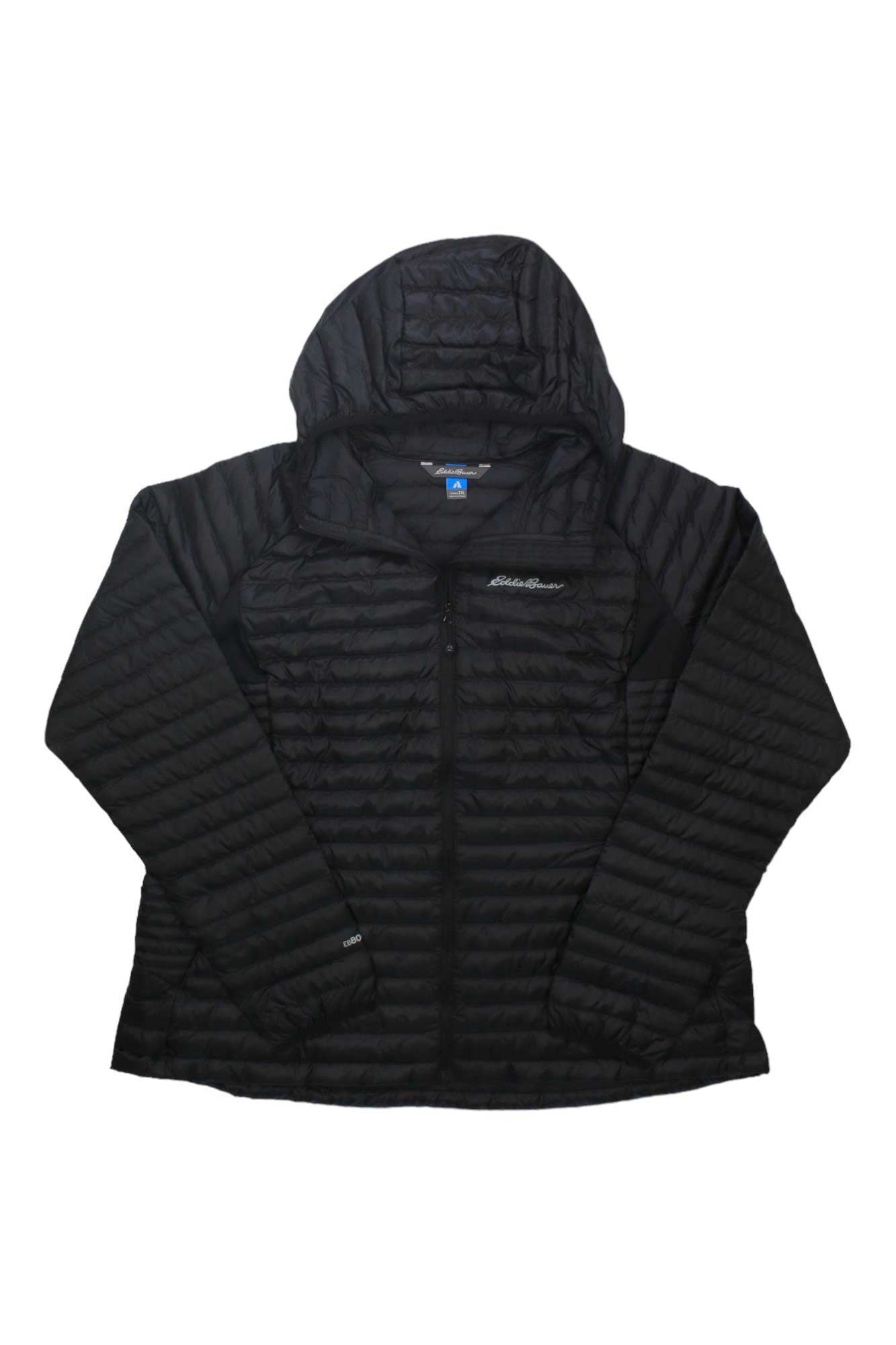 The Eddie Bauer Women's Microtherm 2.0 Down Hooded Jacket is black, quilted with subtle horizontal stitching, ultralight insulation, a front zipper, and shown flat on a white background.