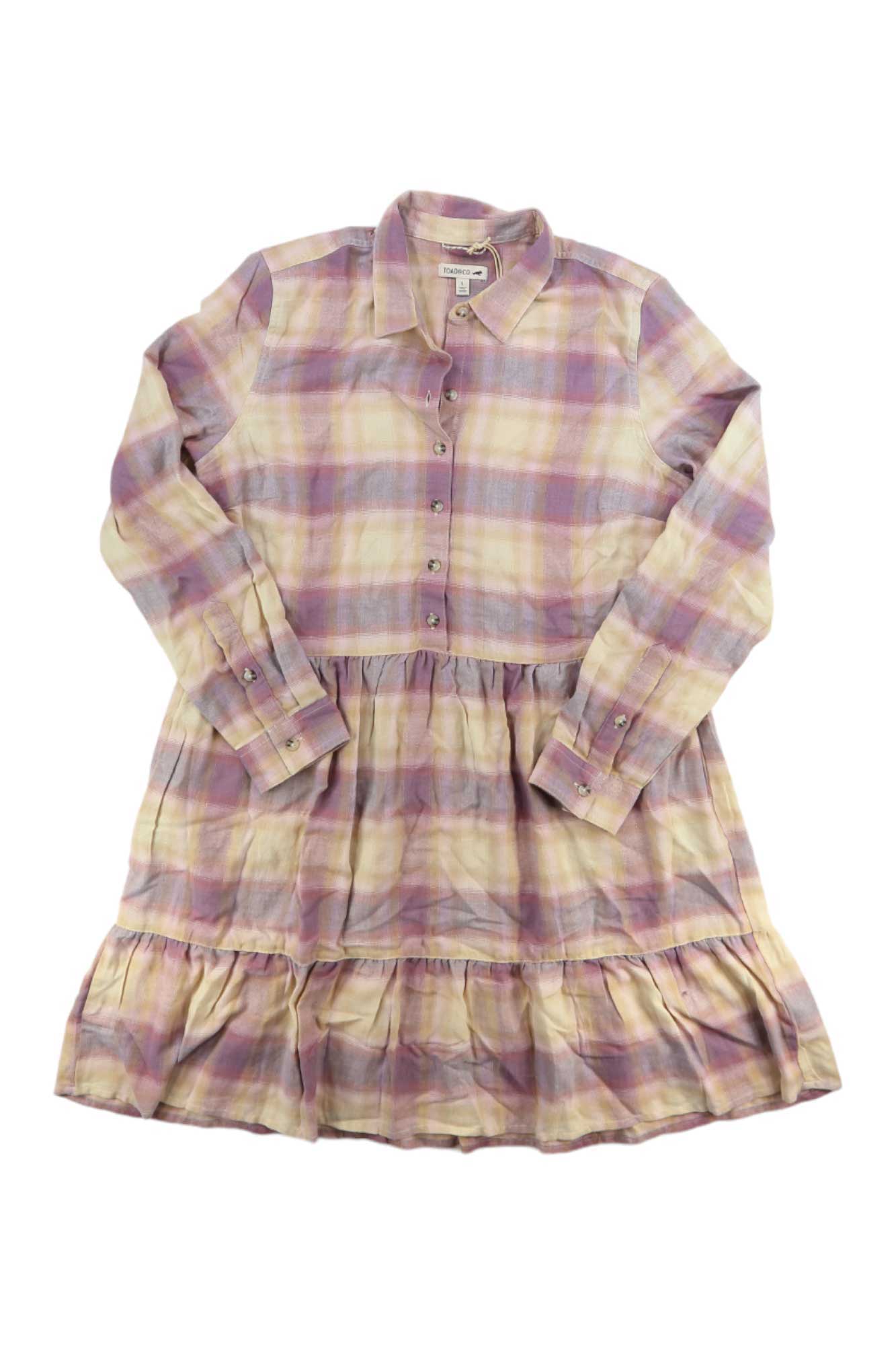 The Toad & Co Womens Re-Form Tiered Dress is a long-sleeve, button-up organic cotton dress with a pastel plaid pattern in pink, purple, yellow, and cream, featuring a tiered ruffled skirt.