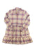 The Toad & Co Womens Re-Form Tiered Dress is a long-sleeve, button-up organic cotton dress with a pastel plaid pattern in pink, purple, yellow, and cream, featuring a tiered ruffled skirt.