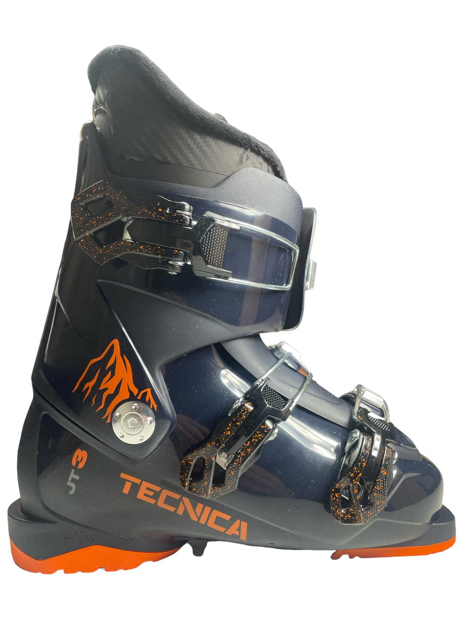 Kids ski boot in dark navy with silver buckle and orange flame graphics