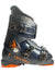 Kids ski boot in dark navy with silver buckle and orange flame graphics