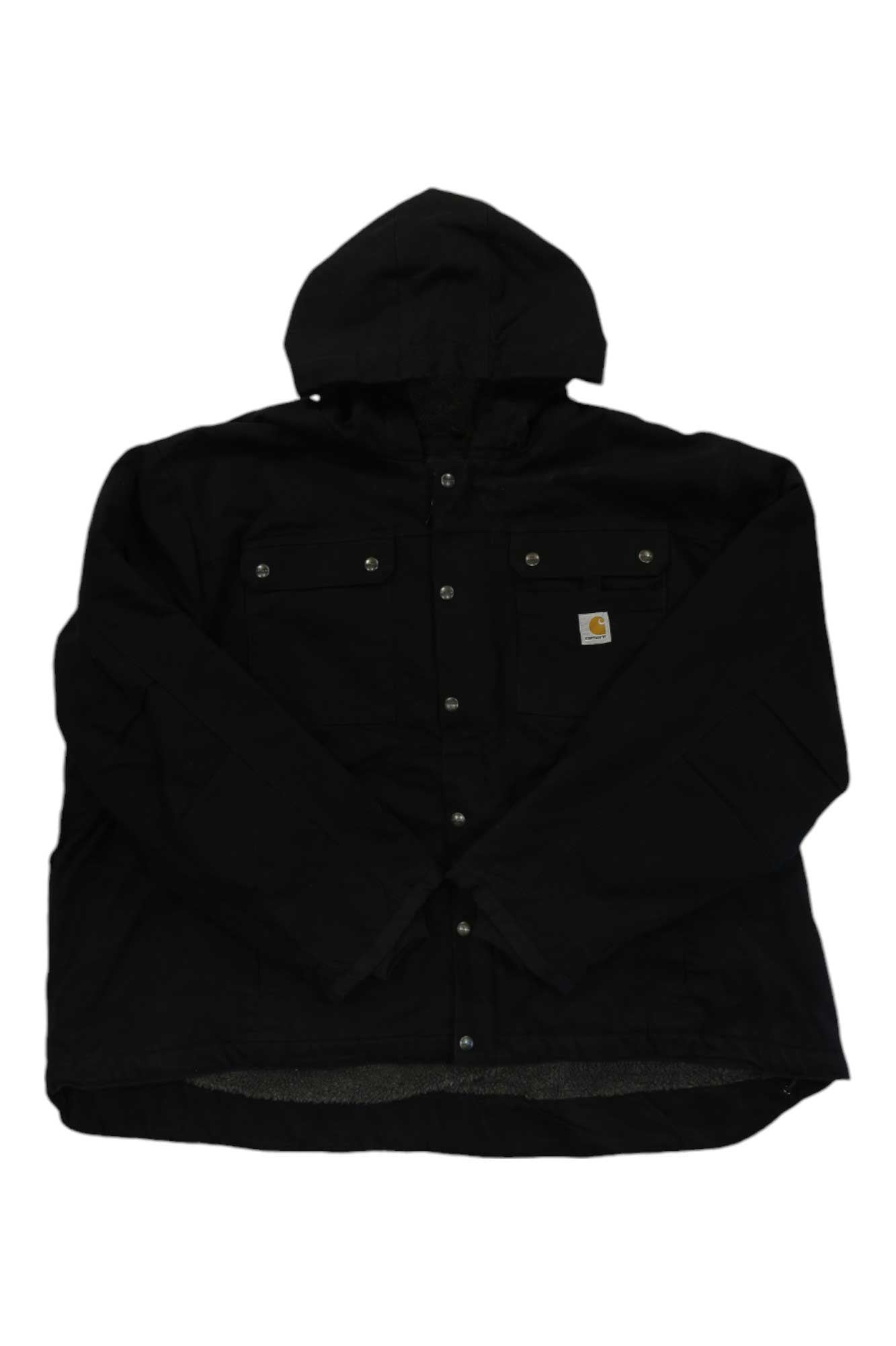 Carhartt washed duck hooded jacket in black with snap front and chest pockets