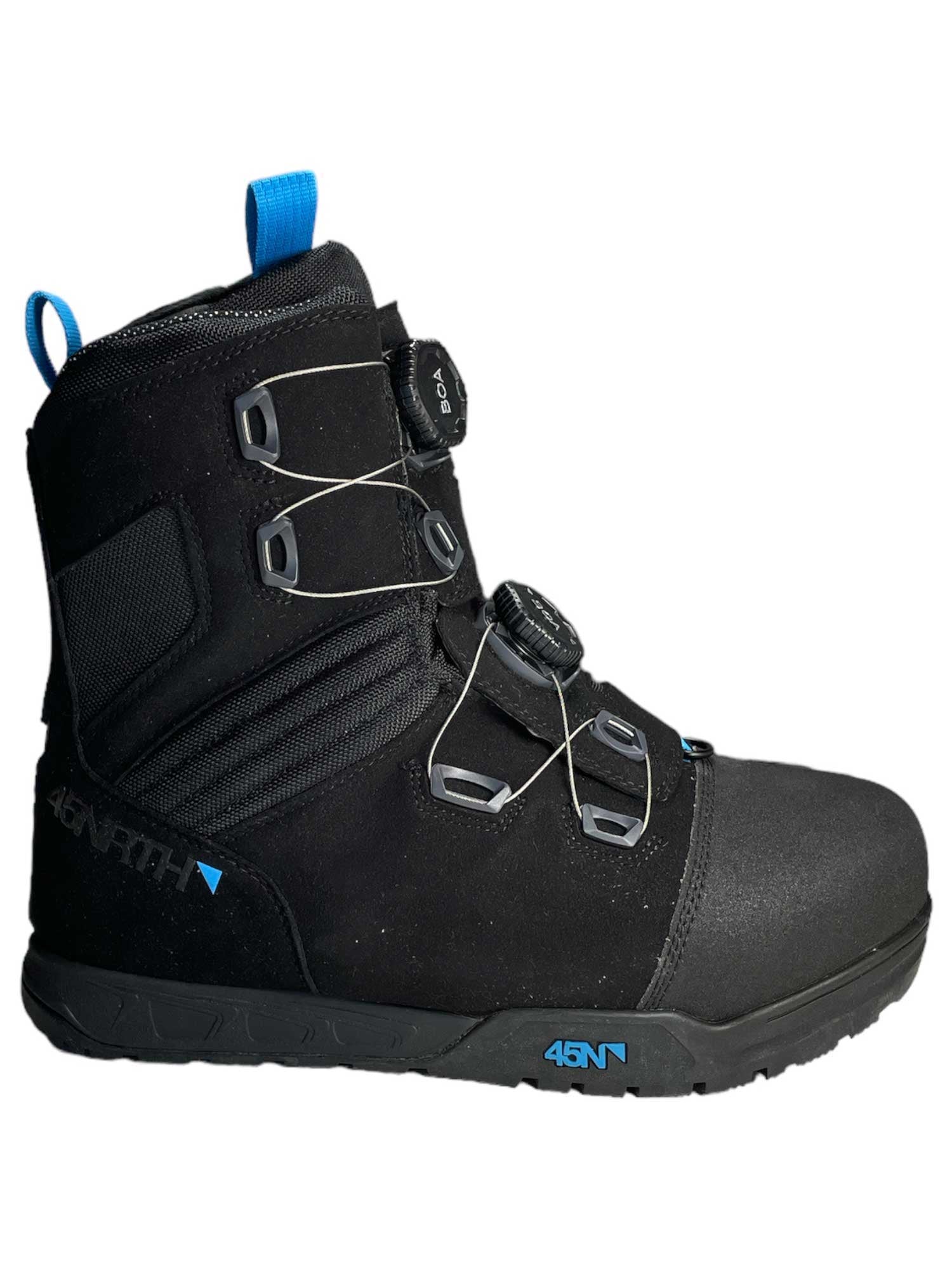 Cycling boot, black upper with blue pull tab, multiple metal buckle straps