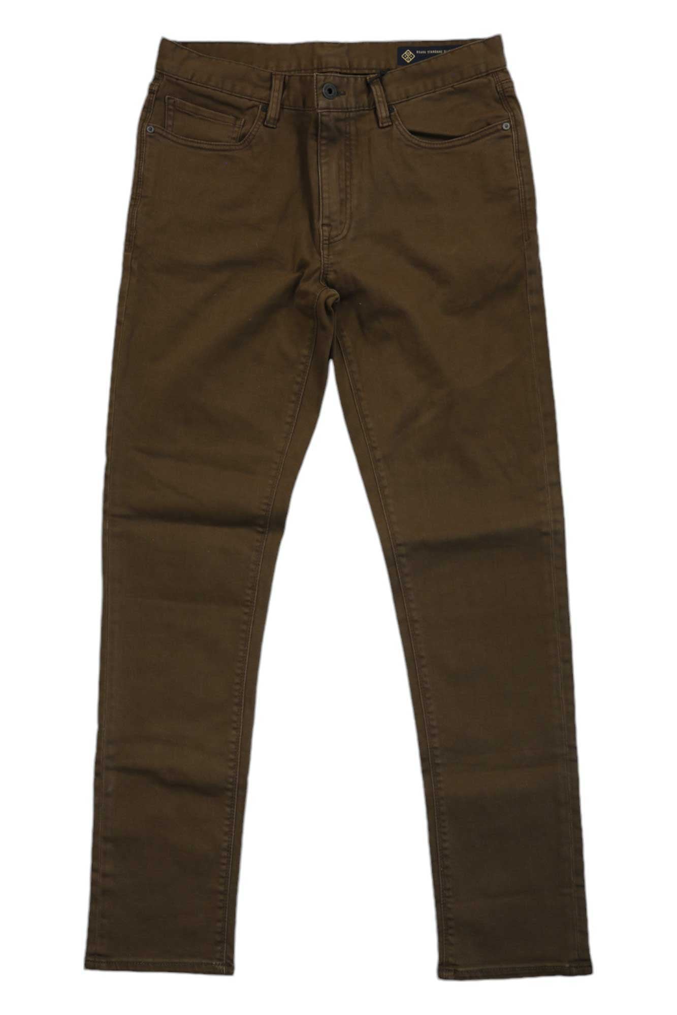 Men's 5-pocket pant in dark brown with button closure and straight leg.