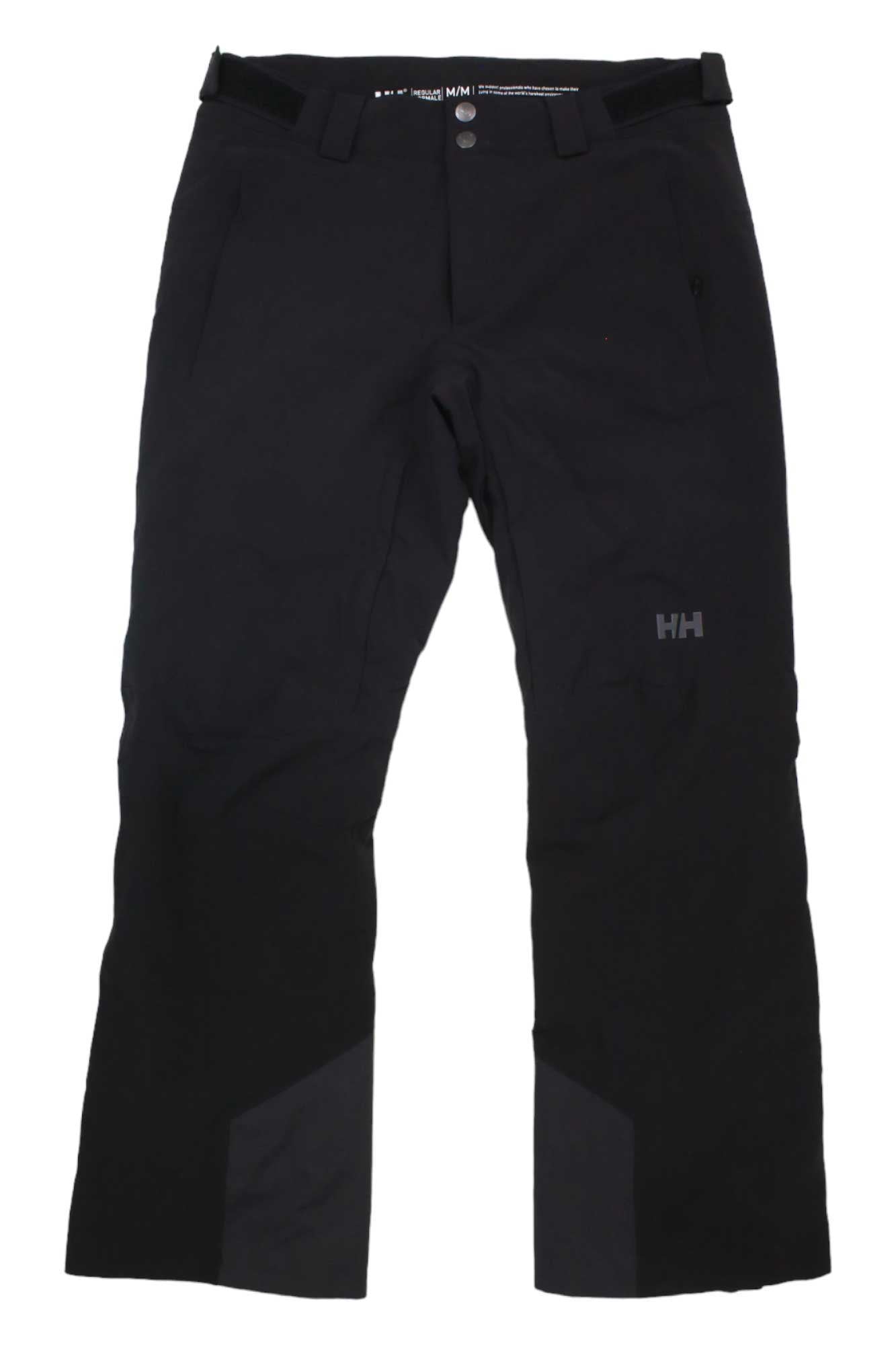 A pair of Helly Hansen Mens Rapid Pant in black, featuring belt loops, front pockets, reinforced knees, and the HH logo on the left thigh. These waterproof ski pants are displayed flat against a white background.