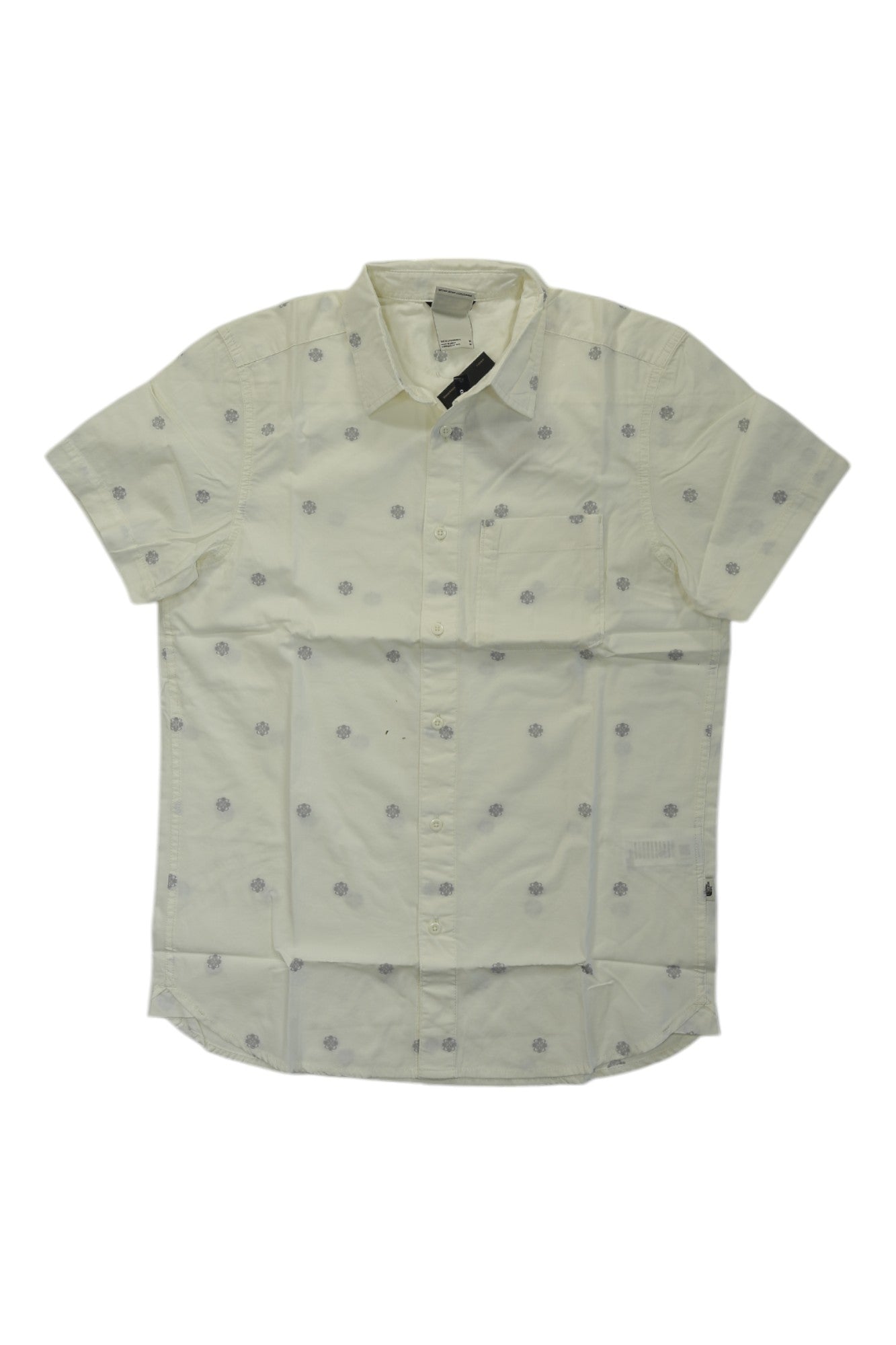 The North Face Men's Baytrail Jacq SS Shirt in light yellow features short sleeves, a button-up front, chest pocket, collar, and a small blue floral pattern, shown laid flat on a white background.