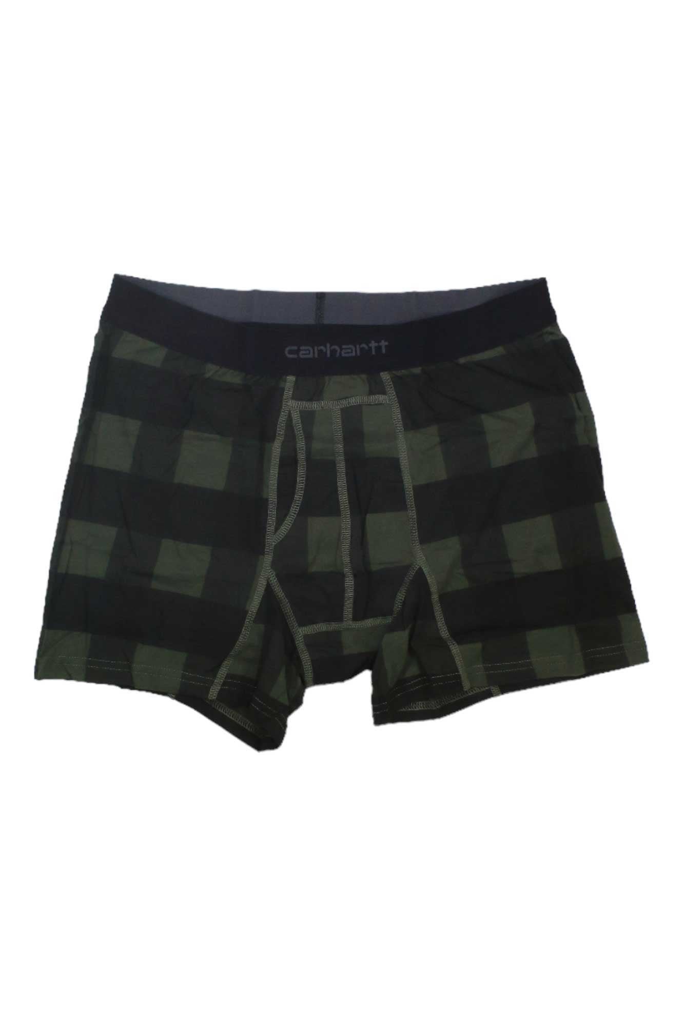 Carhartt men's plaid boxer brief in dark green/black; elastic waistband and fly front.